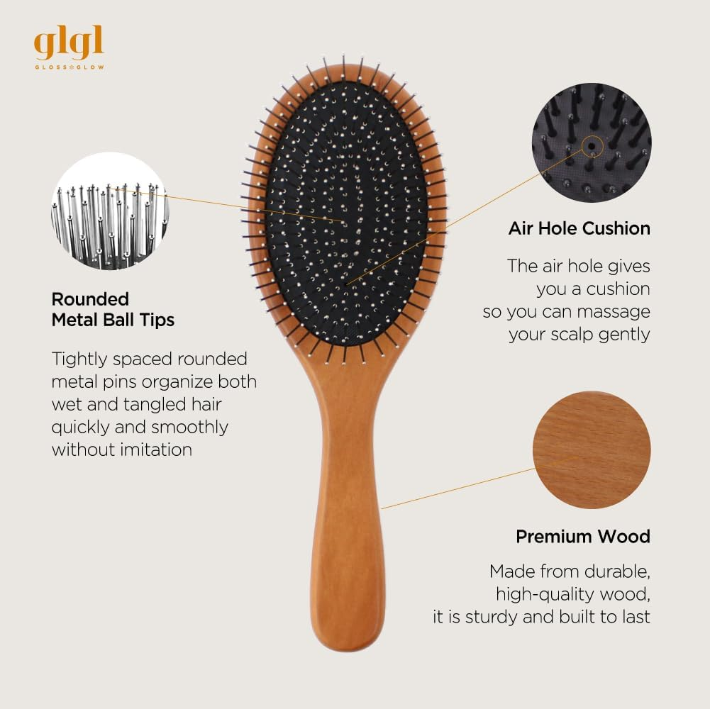 GLGL Wet Brush with Classic Wooden Handle. Detangler Hair Brush with Soft Metal Bristles & Soft Cushion Pad - Scalp Massaging Comb for Tangled and Wet Hair image number 5