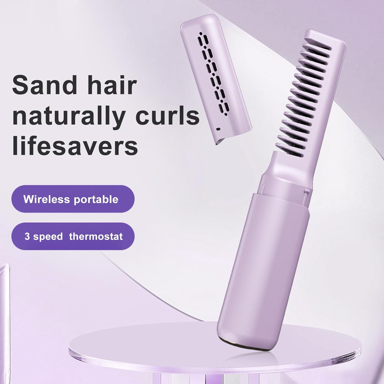 Rechargeable Mini Hair Straightener, Portable Straightening Brush, anti Scald Type C Cordless Hair Straightener with 3 Adjustable Temperature for All Hair Types (Purple) image number 1