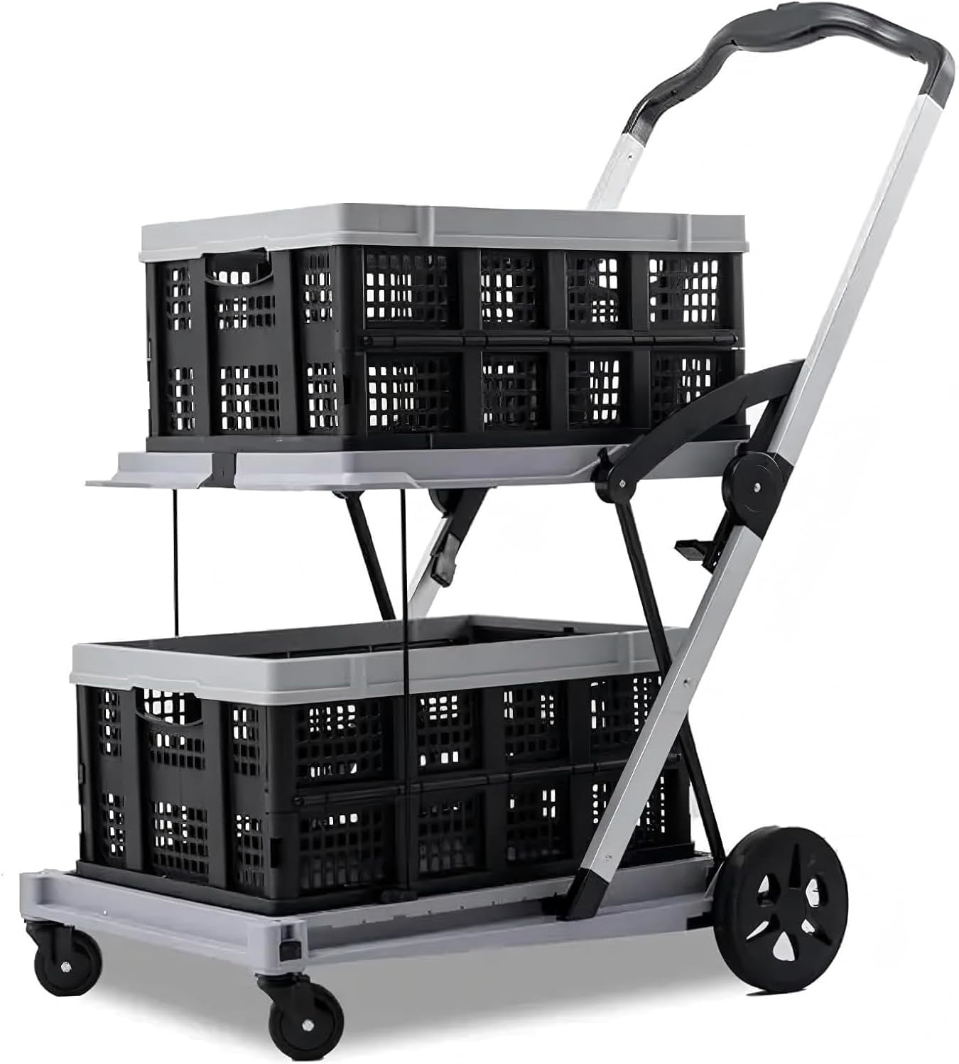 Folding Shopping Cart 2 Tier Multi Use Mobile Trolley Functional Collapsible Carts with Wheels and Removable Folding Storage Crates, for Groceries,Camping,Garage, Supermarket (Double Layer)