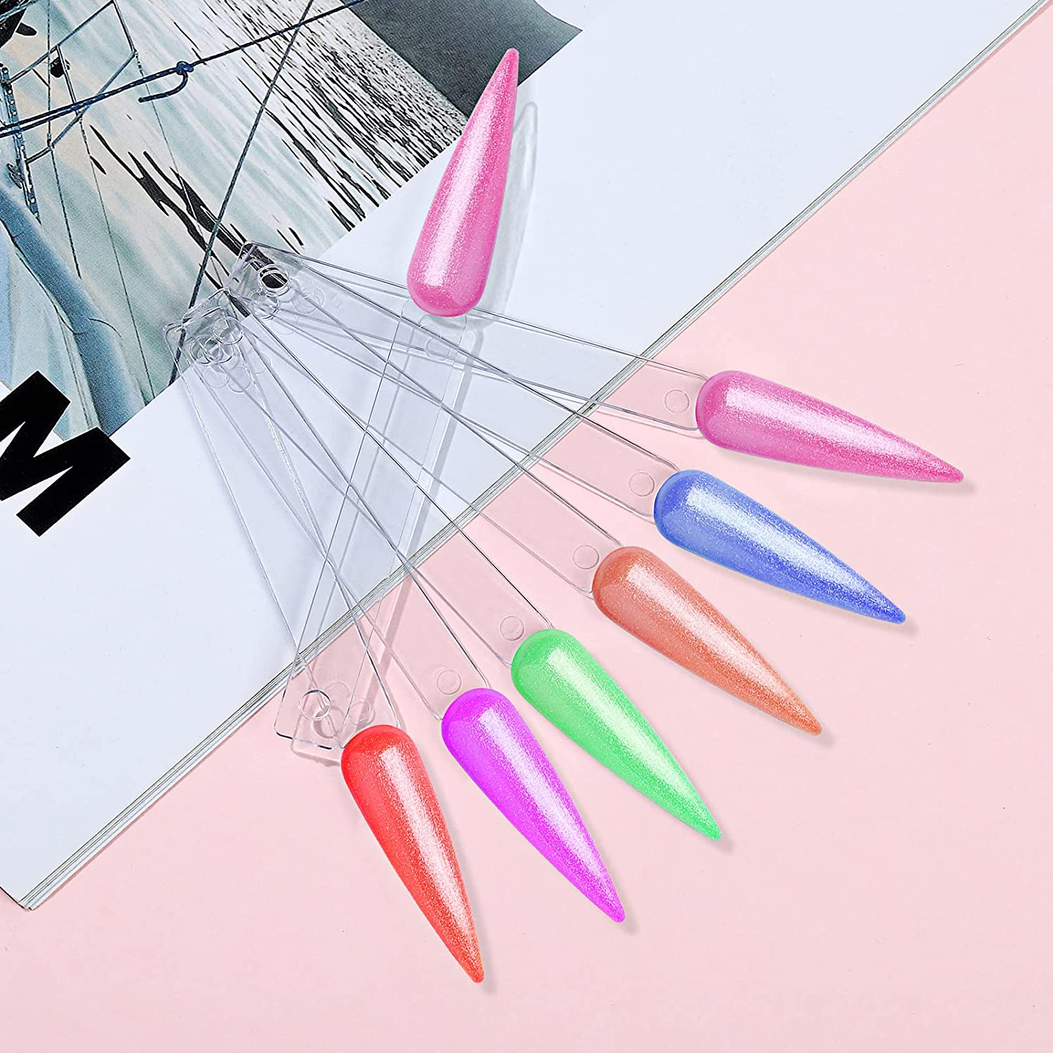 BNG Stiletto Nail Colour Display Sticks 80X Nail Art Tips Pop Sticks Gel Polish Practice Sample Nail Pops Salon Color Card Chart, Fan-Shaped Transparent Colors Wheel with Ring Holder Detachable image number 5