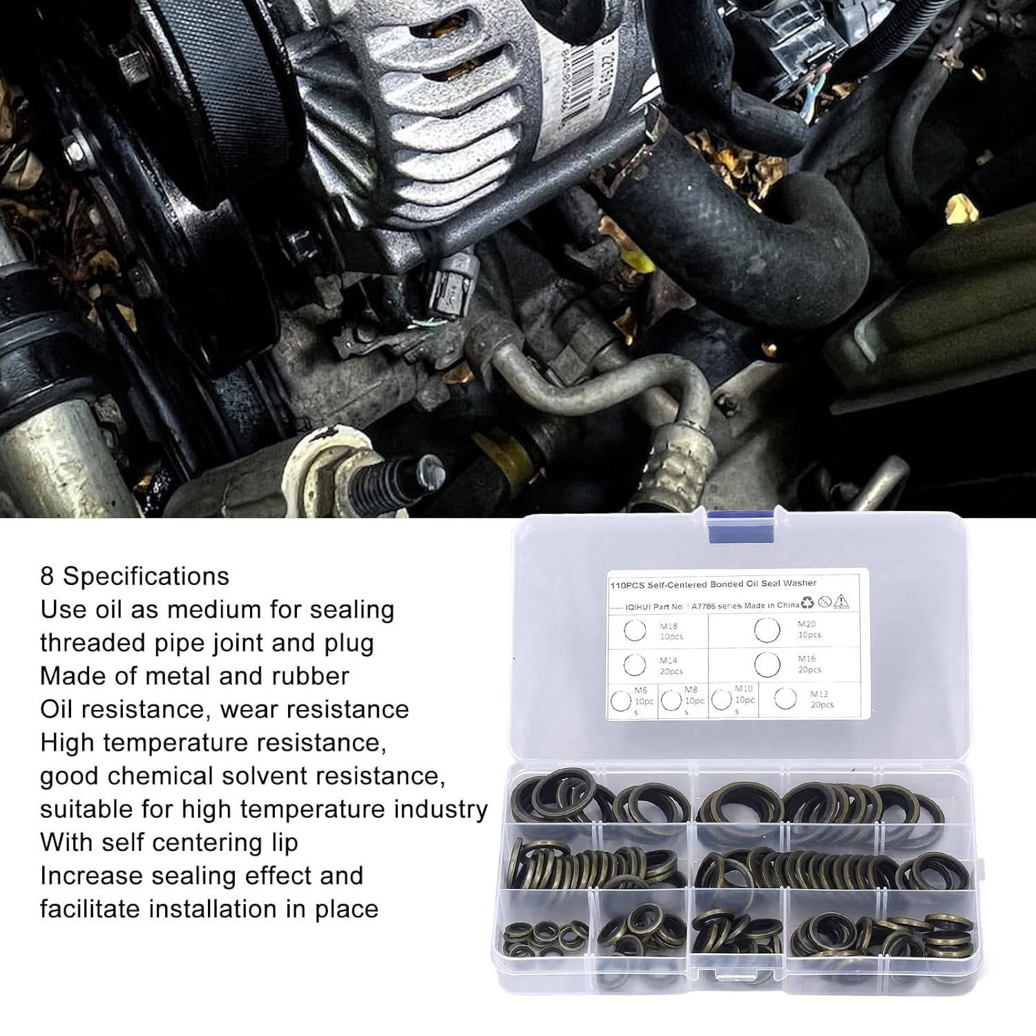 110Pcs Metal Rubber Bonded Seal Oil Washers, M6 M8 M10 M12 M14 M16 M18 M20 Rubber Gasket Assortment with Storage Box for Pipe Joint and Screw Plug image number 2