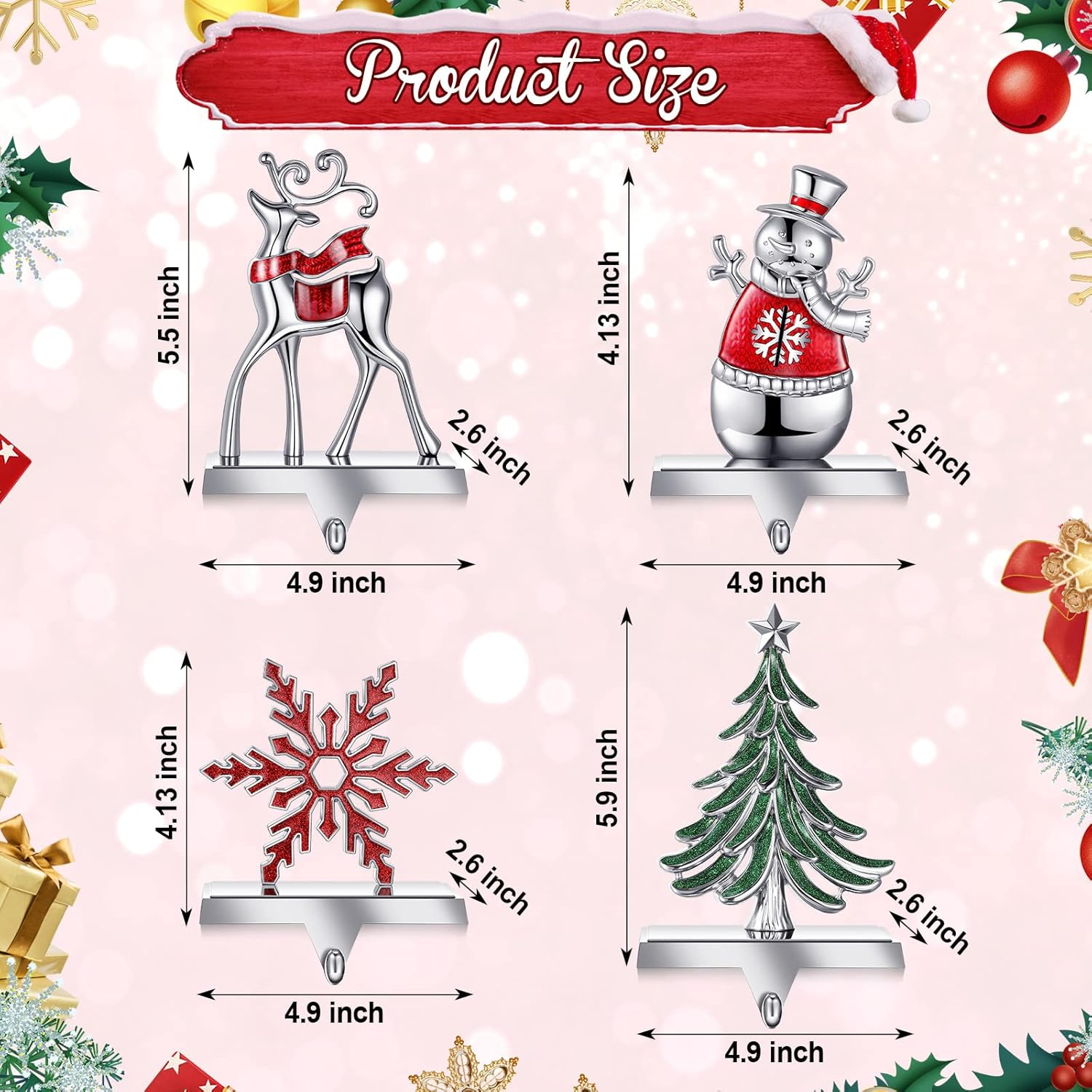 Zhengmy Set of 4 Christmas Stocking Holders for Mantle Reindeer Snowflake Snowman Pine Tree Metal Standing Hook Decorative Holder Stand Silver Stockings Hanger Xmas Fireplace, Blue, Red, Green image number 1