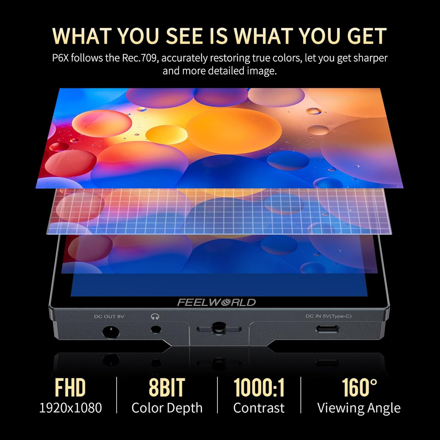 FEELWORLD P6X 5.5 Inch 1000Nit Aluminium Camera Field DSLR Monitor with F750 4400Mah Battery and Bag Touchscreen High Brightness Portable Waveform HDR 4K HDMI Input and Output 3D LUT Out Weight 249G image number 5