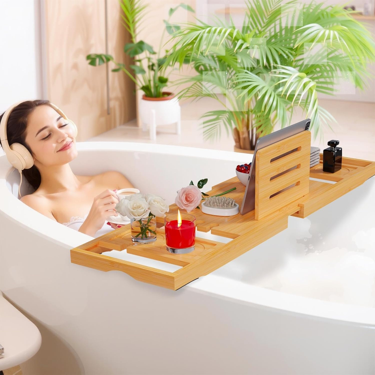Bathtub Tray, Premium Expandable Bath Tray Caddy with Soap Box and Phone Holder, Bathroom Accessories, House Warming Gifts, Anniversary and Wedding Gifts, for Mum Wife Women (Wood Color)