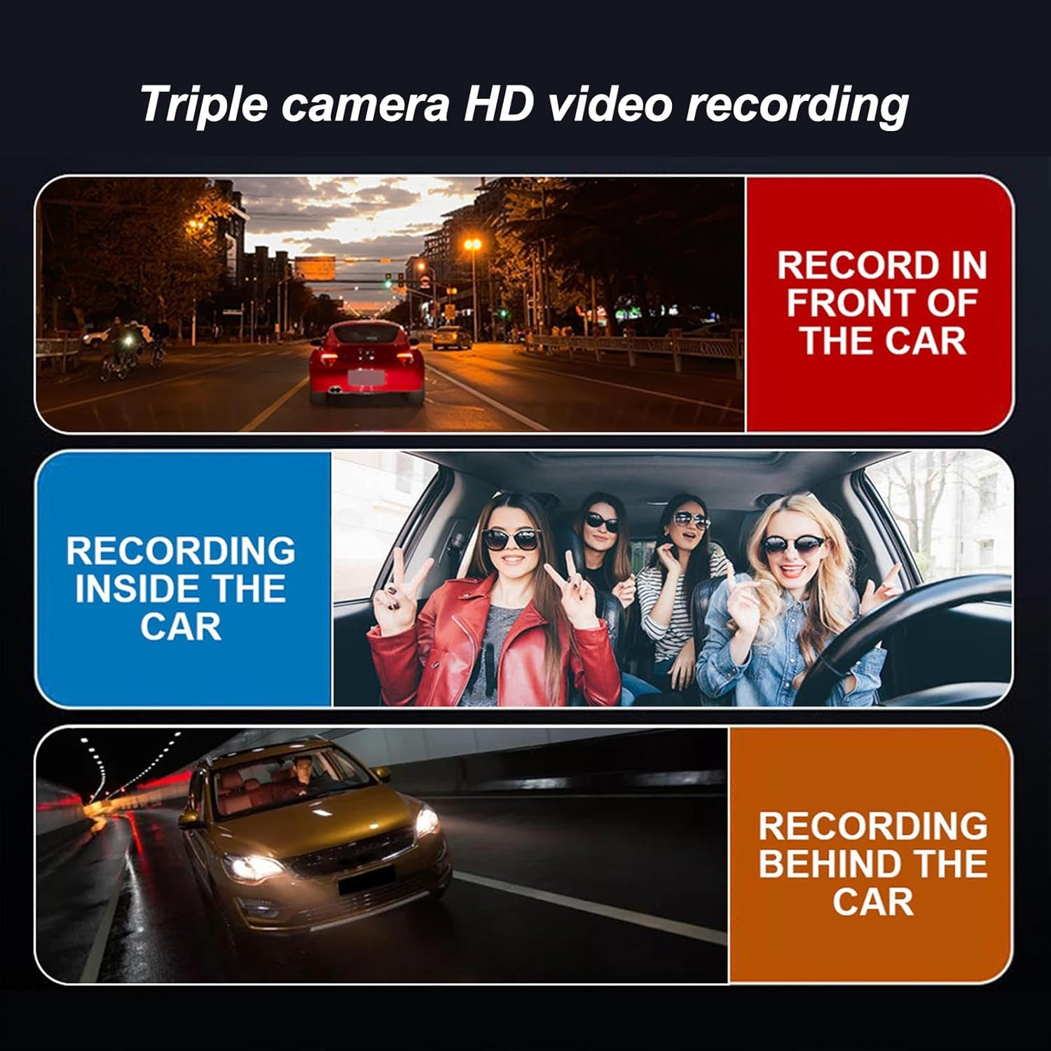 Dash Cam, 3 Channel Dash Cam, 3Inch 1080P HD Screen Night Vision Wide Angles Emergecy Lock Stop Triple Camera Driving Recorder image number 2