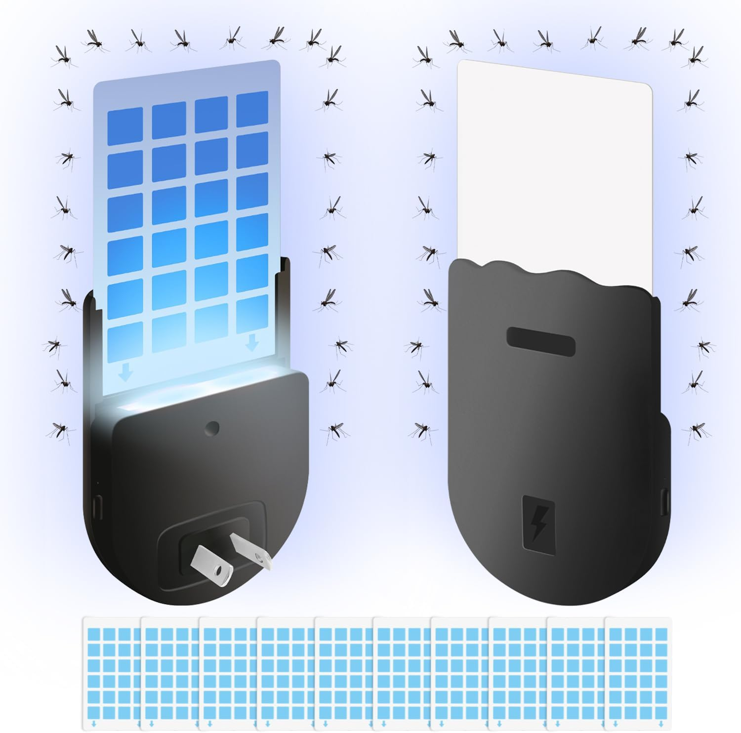 Yakiter 2 Pack Indoor Plug-In Mosquito Killer, Flying Insect Trap for Flies, Fruit Flies, Moths & Gnats, UV Attractant Catcher & with Adjustable Brightness Night Light,10Pcs Adhesive Cards(Black)