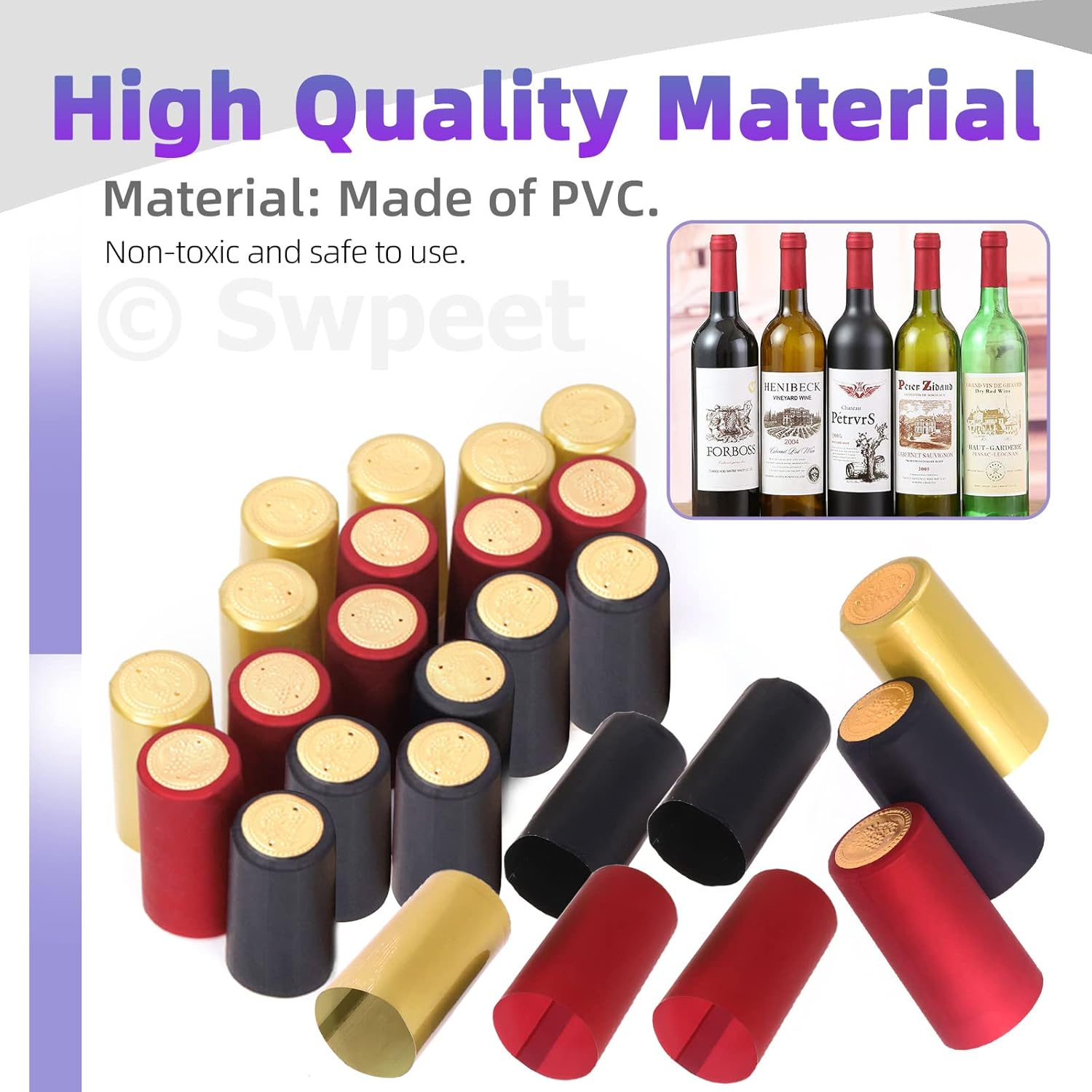 Swpeet 54Pcs 3 Colors Gold Black Red PVC Heat Shrink Capsules and Wine Bottle Cork Tops Stopper with Plastic Top Assortment Kit, Sealing Plug Bottle Cap with Shrink Wrap for Wine Bottles image number 6