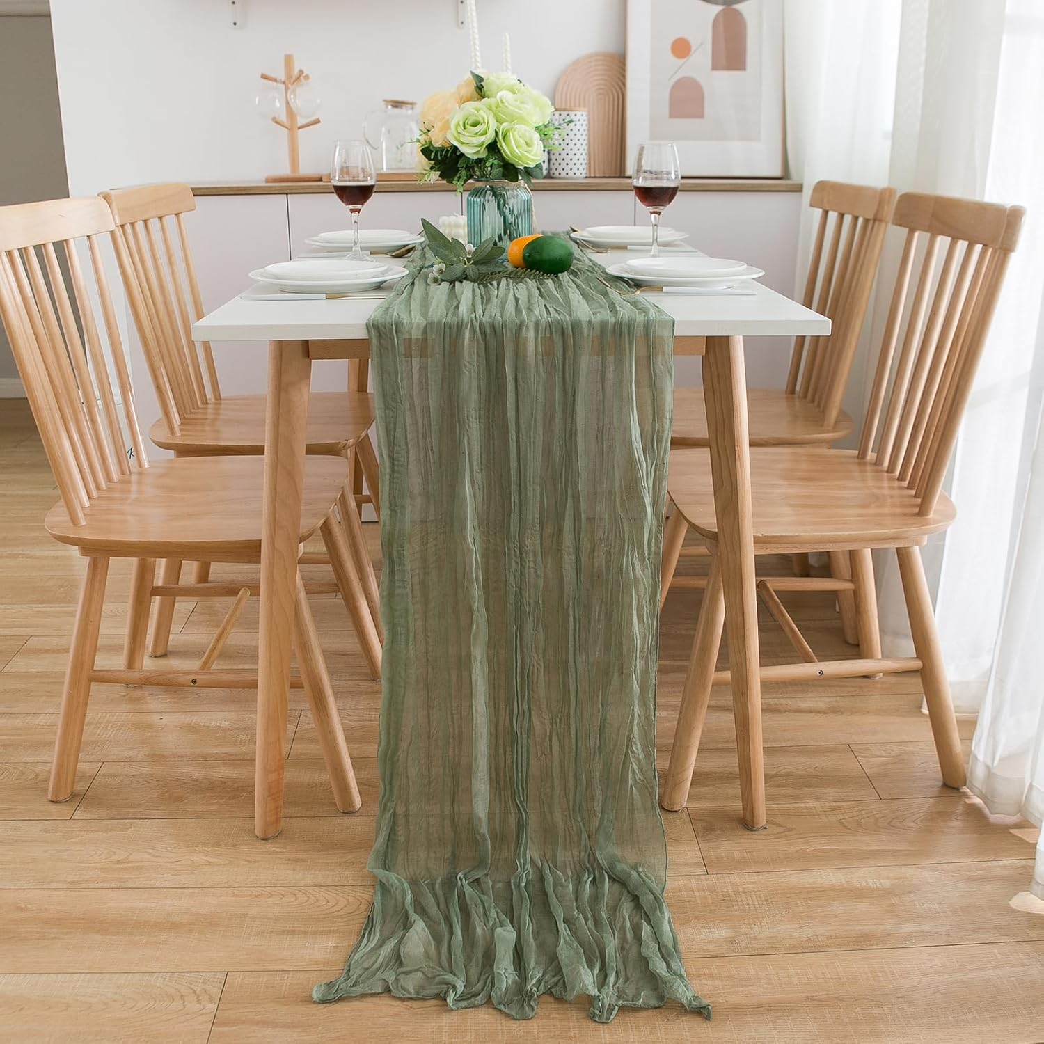 CHUQING Cheesecloth Table Runner Sage Green 27 X 118 Inch Cheese Cloth Boho Rustic Gauze Table Runner for Wedding Spring Easter image number 4