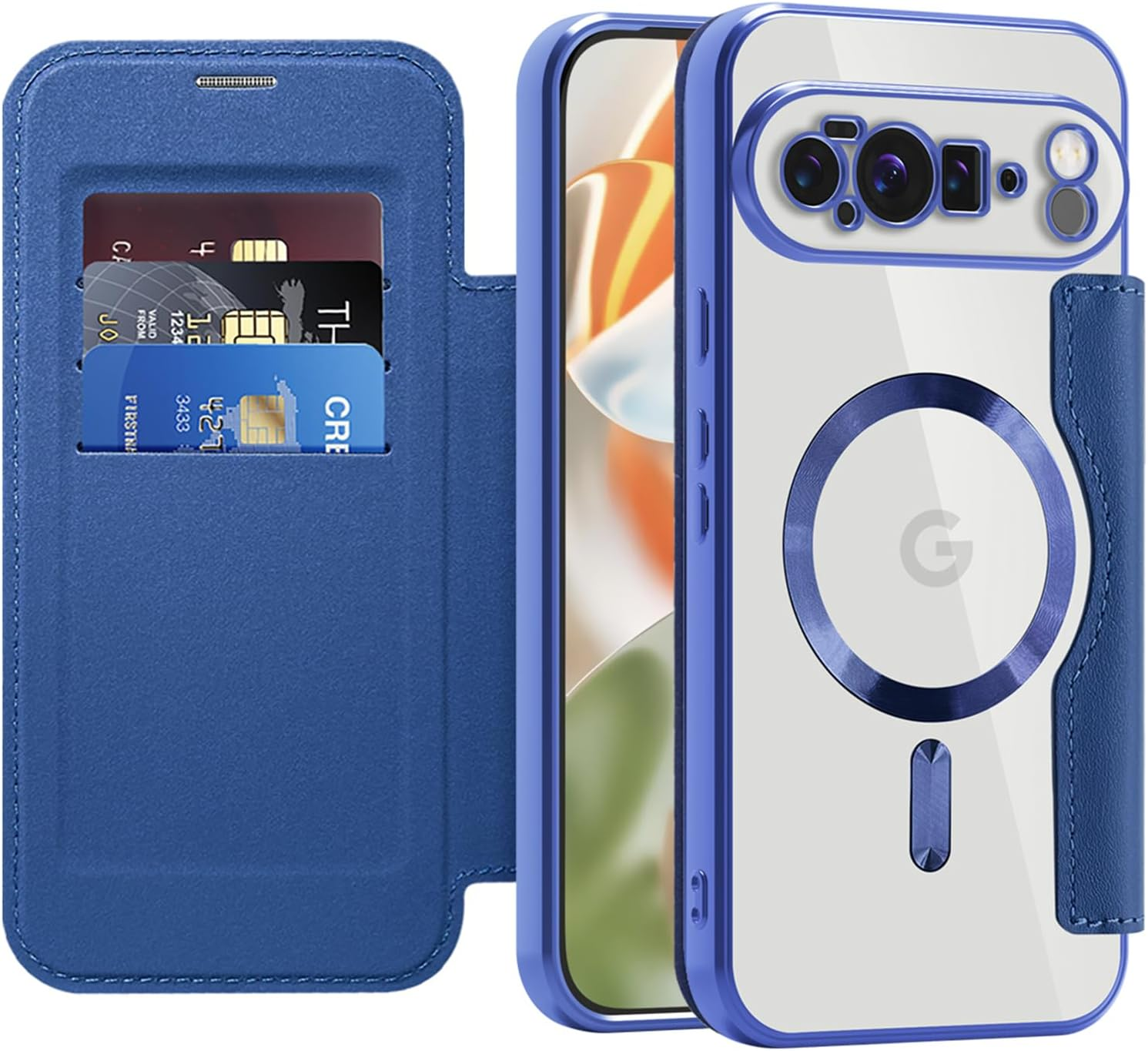 IMEIKONST Magnetic Case for Google Pixel 9 Pro XL Compatible with Magsafe, Premium PU Leather Flip Card Holder Clear Shockproof Protective Mobile Phone Case for Google Pixel 9 Pro XL Dark Blue JDCX