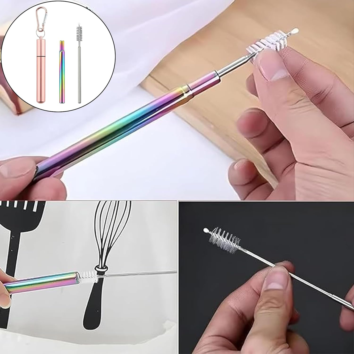 WADY Reusable Stainless Steel Straw,Collapsible Stainless Steel Drinking Straw Telescopic Straw (With Keychain Case & Cleaning Brush) for Smoothie, Milkshake, Cocktail and Hot Drinks (Rose Gold+Blue) image number 6