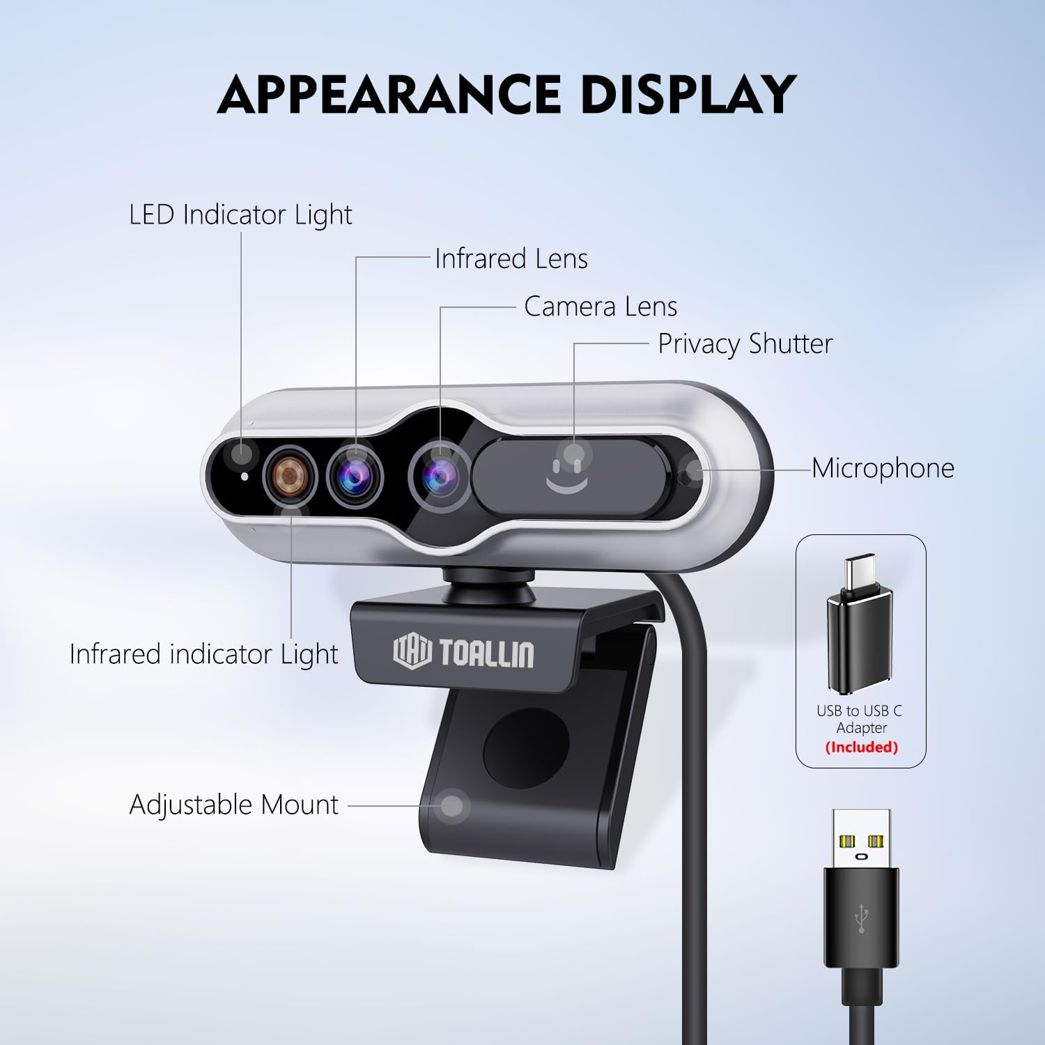 TOALLIN 2K QHD Webcam with Windows Hello, Facial Recognition Web Camera, 5 Million Pixels, Auto-Focus Computer Camera, USB Webcam with Microphone & Privacy Shutter image number 4