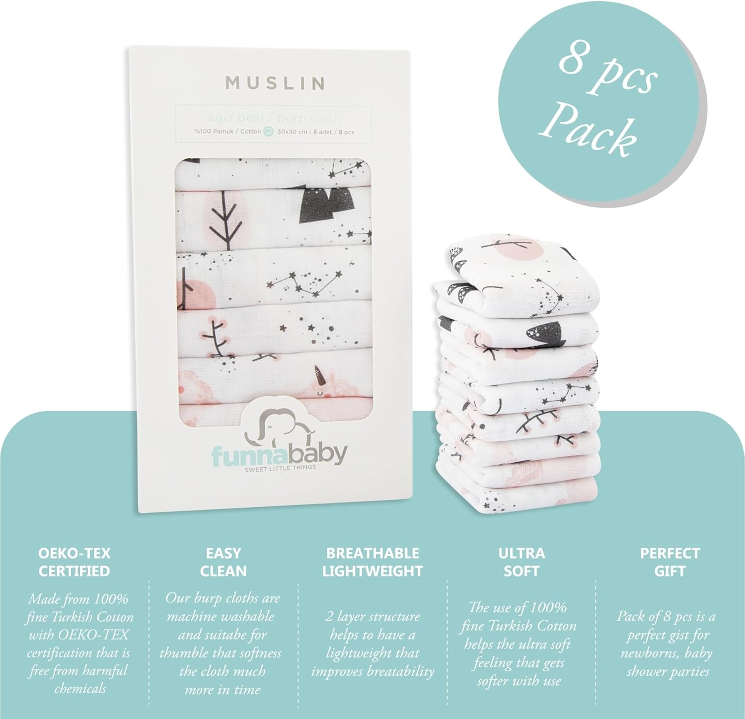 Funnababy Baby Muslin Cloths for Newborn &ndash; Pack of 8, Thin and Quick Dry, Extra Soft Face Muslin, 100% Cotton, Fabric Washcloth, Square Cloth for 0-6 Months, Starter Baby Essential, 30X30 Cm image number 2