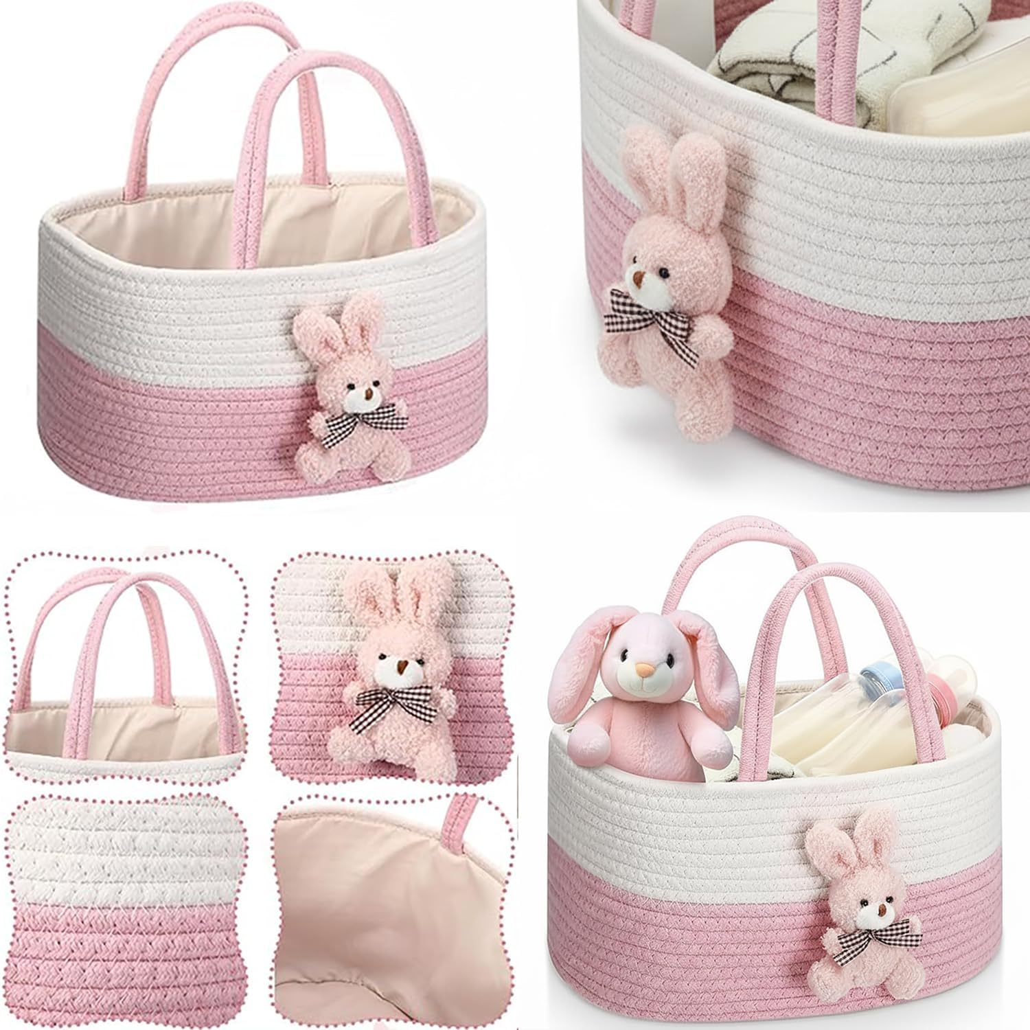 Baby Nappy Caddy Diaper Caddy Organizer, Baby Shower Basket, with Removable Inserts Nursery Bohemian Cotton Rope Storage Basket, Baby Storage Basket for Changing Table and Wipes (Pink Rabbit) - Beige-Brown Bear image number 2