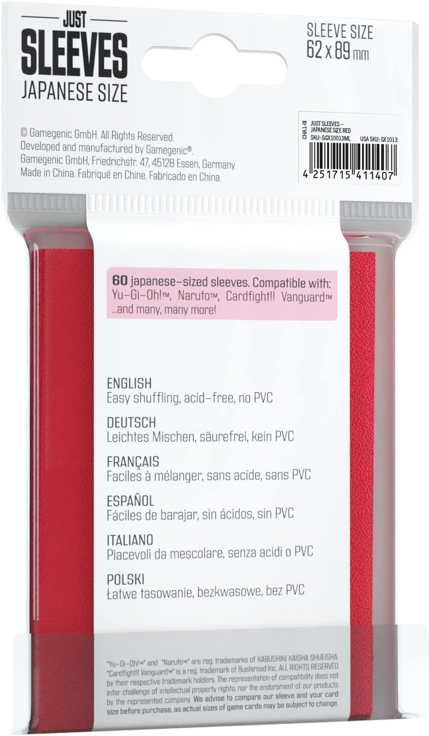 Asmodee Just Sleeves | Pack of 50 Japanese Size Card Sleeves for Board Game and Card Games | 62 Mm by 89 Mm Card Sleeves | Professional Protection for TCG and Lcgs | Red Color | Made by Gamegenic - Blue image number 5