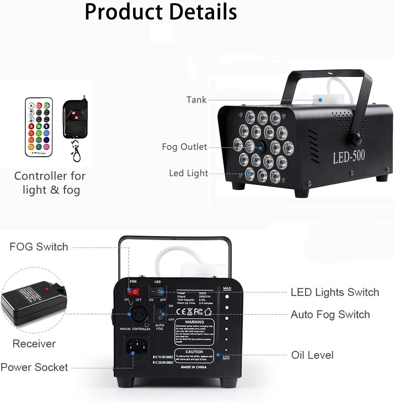 Fog Machine with Light 18 LED Smoke Machine Outdoor for Parties Wedding, 13 Colors Smoke Machine Fog Indoor with 2 Wireless Remote Controls, 500W 2000CFM Outdoor Party Fog Machine for Halloween DJ image number 4