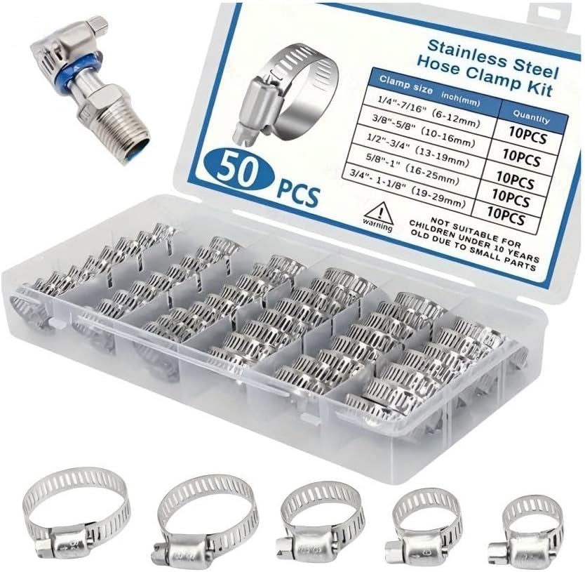 50Pcs Assorted Sizes Hose Clamps Kit, 304 Stainless Steel Adjustable 6-29Mm Range, Worm Gear Hose Clamp Perfect for Plumbing Automotive and Mechanical Applications image number 1