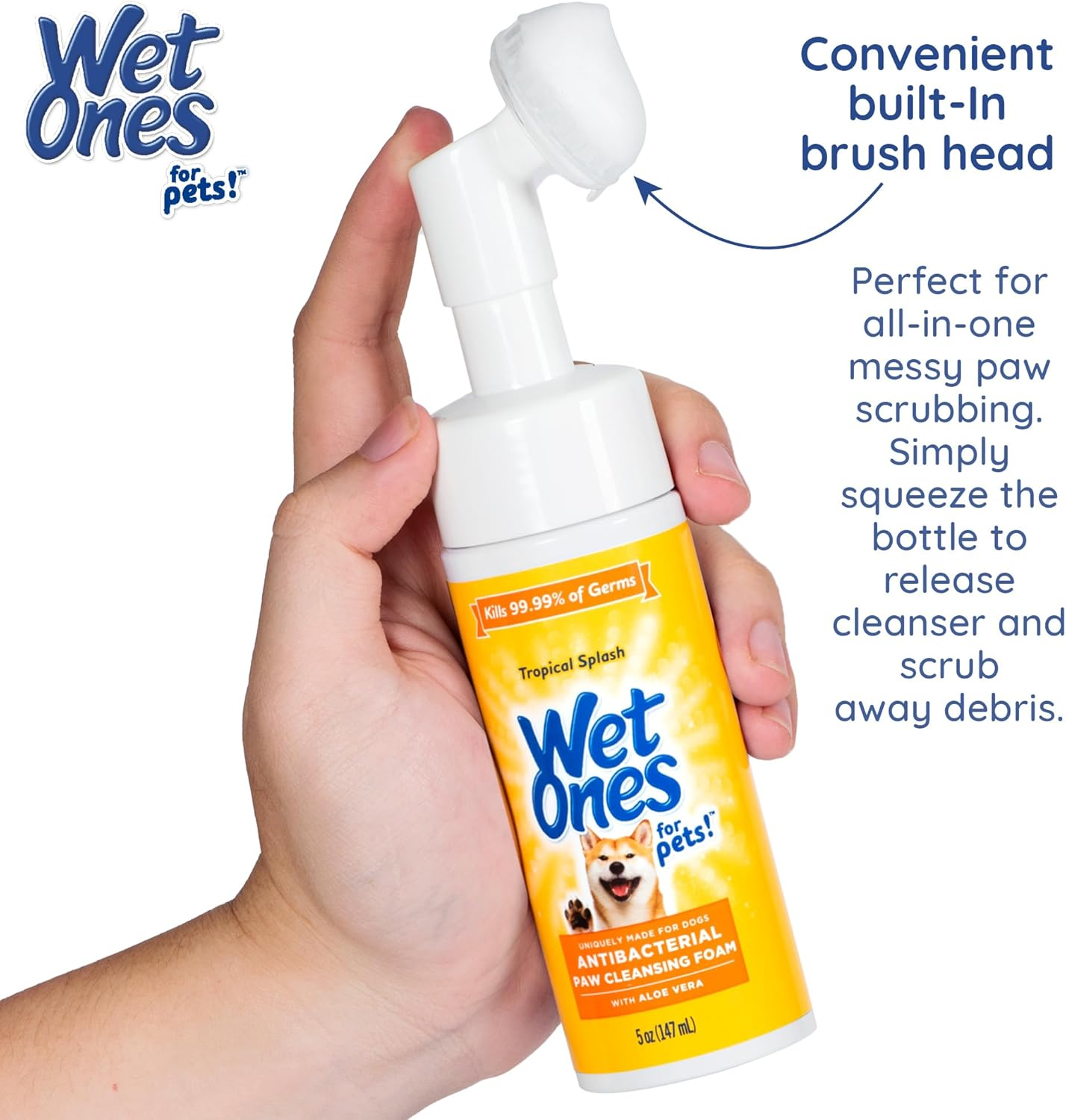 Wet Ones for Pets Antibacterial Dog Paw Cleansing Foam with Built-In Paw Scrubber Brush, Tropical Splash Scent, 5 Oz | Dog Paw Cleaner with Antibacterial Foam and Brush image number 1