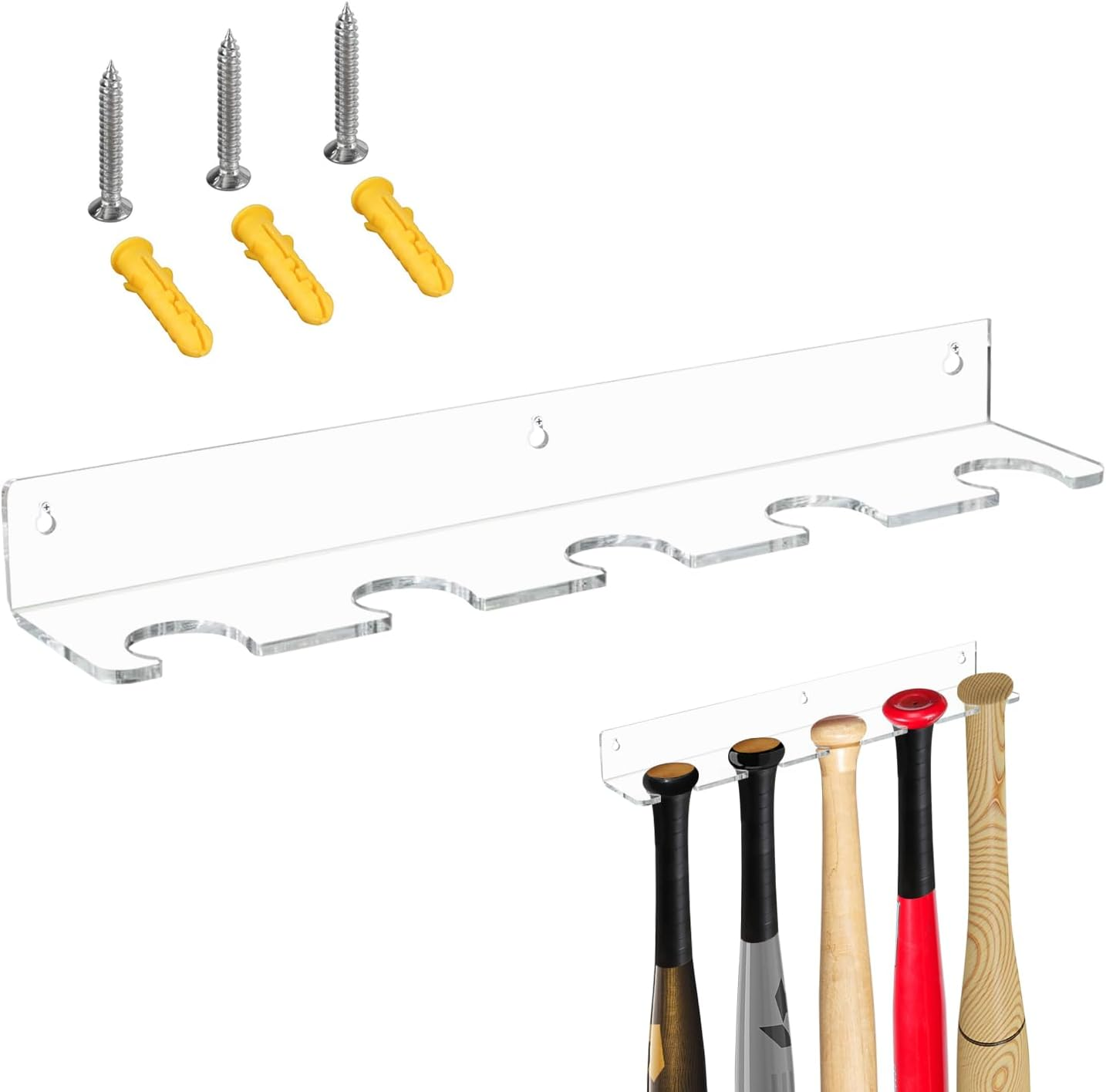 Baseball Bat Display Hanger for 5 Bats or Balls - Vertical Bat and Baseball Holder Wall Mount - Better than Display Case | Sturdy Acrylic Hanging Rack Organizer | Easy to Instal (Hardware Included) image number 5
