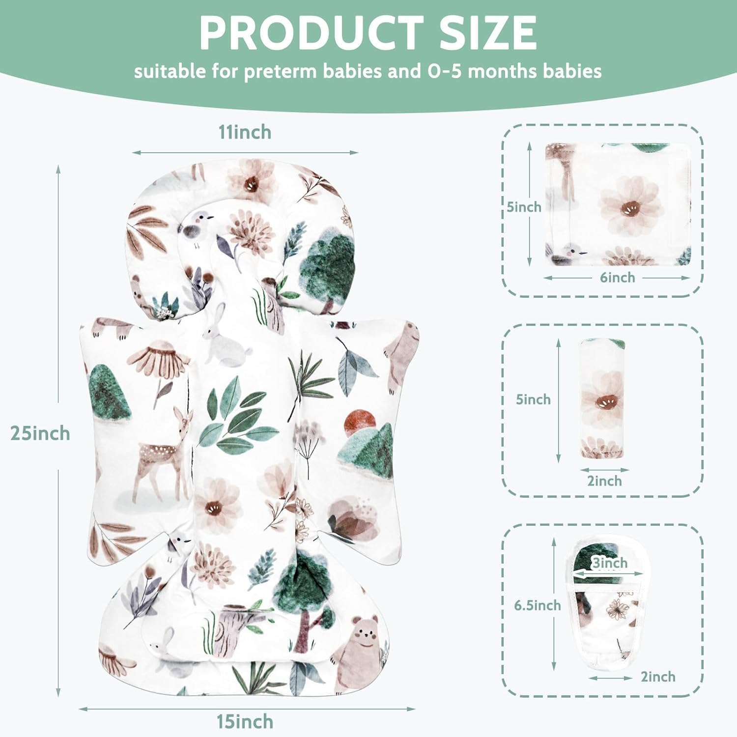 Infant Car Seat Insert and Strap Covers, Very Soft Car Seat Head and Body Support Baby Girl Boy, Reversible Newborn Carseat Insert Cushion Fits for Stroller, Baby Swing, Bouncer (White Animals) image number 6