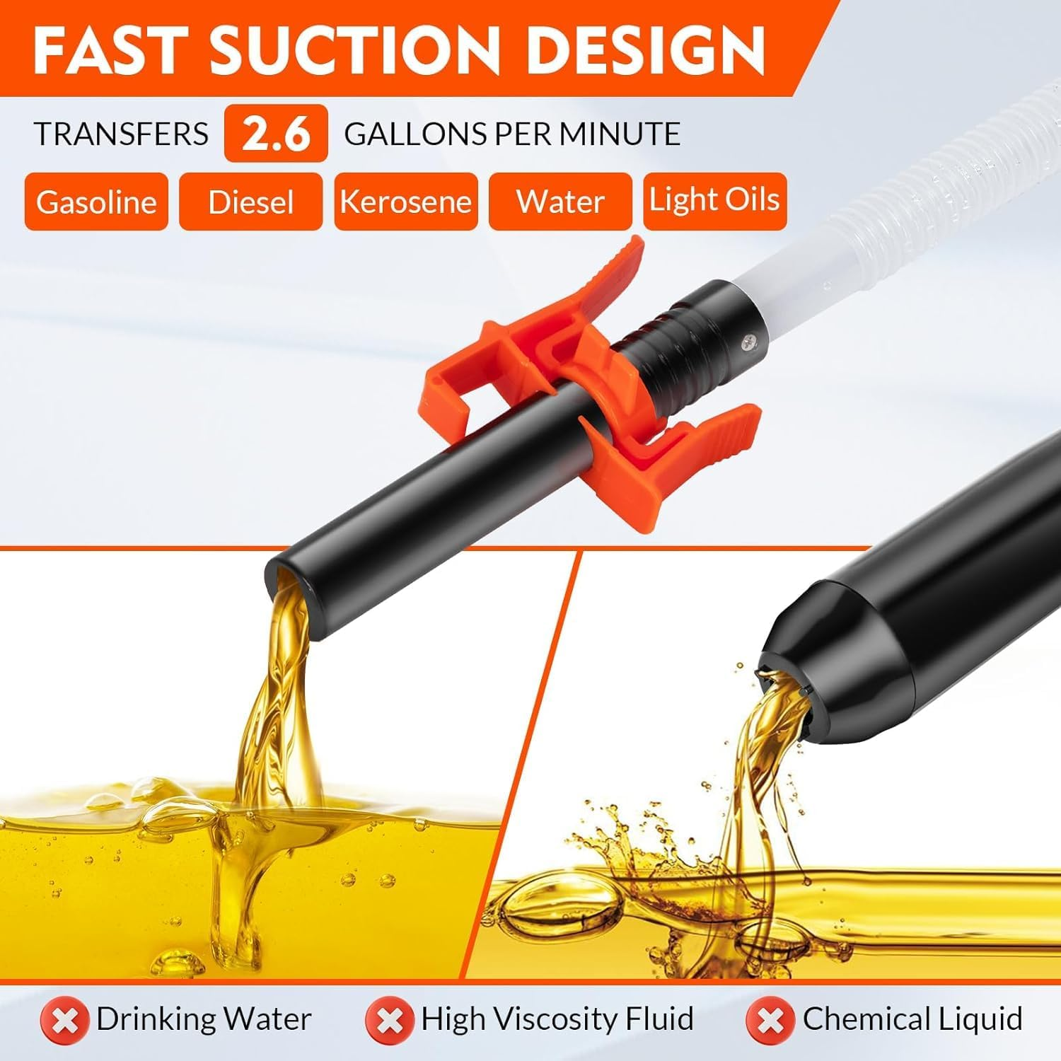 Portable Battery Operated Electric Siphon for Gas, Fuel, Diesel, Water 2.6 GPM Flow Oil Extractor - Easy to Use Hand Fuel, Multi-Use Siphon (Orange) image number 1