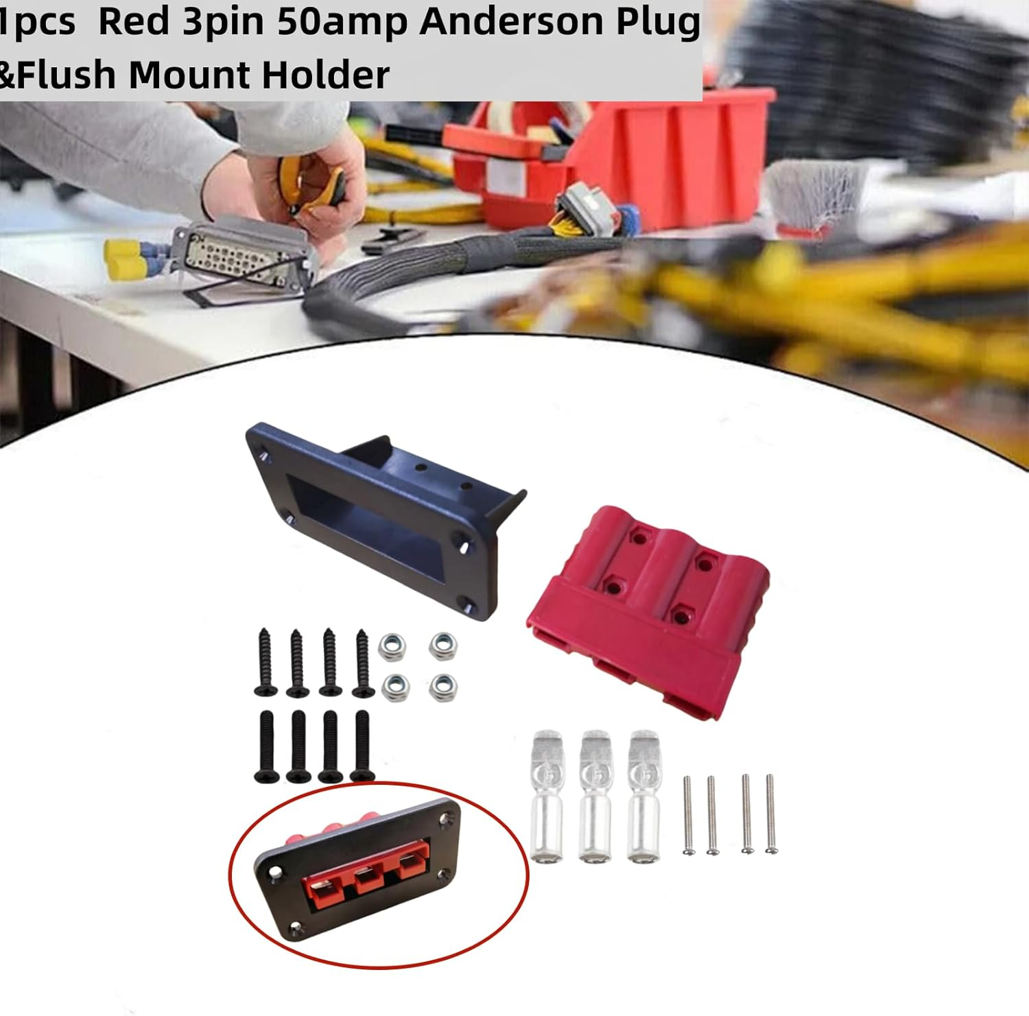 KUGONTC 1Set Red 3Pin 50Amp Anderson Plug &Flush Mount Holder,Electric Forklift Charging Plug Cable,3 Pole 50A Battery Quick Connector,Jumper Cable Connector for Control Box DCDC Charger DCDC Wiring image number 3