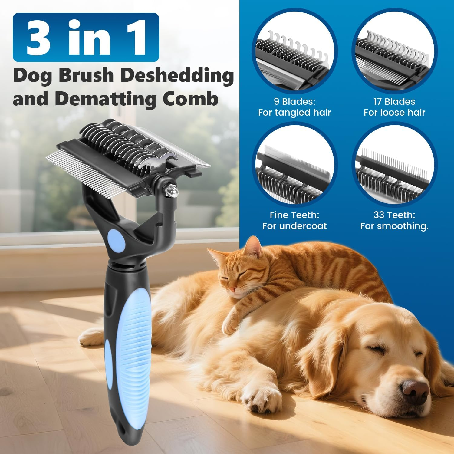 Yizhet Dog Brush & Cat Brush 3 in 1, Double-Sided Undercoat Brush with Blades 17+9, Undercoat Brush for Detangling & Tangling Dogs Cats with Long Hair, Thick Fur, Undercoat, Blue - Green image number 6