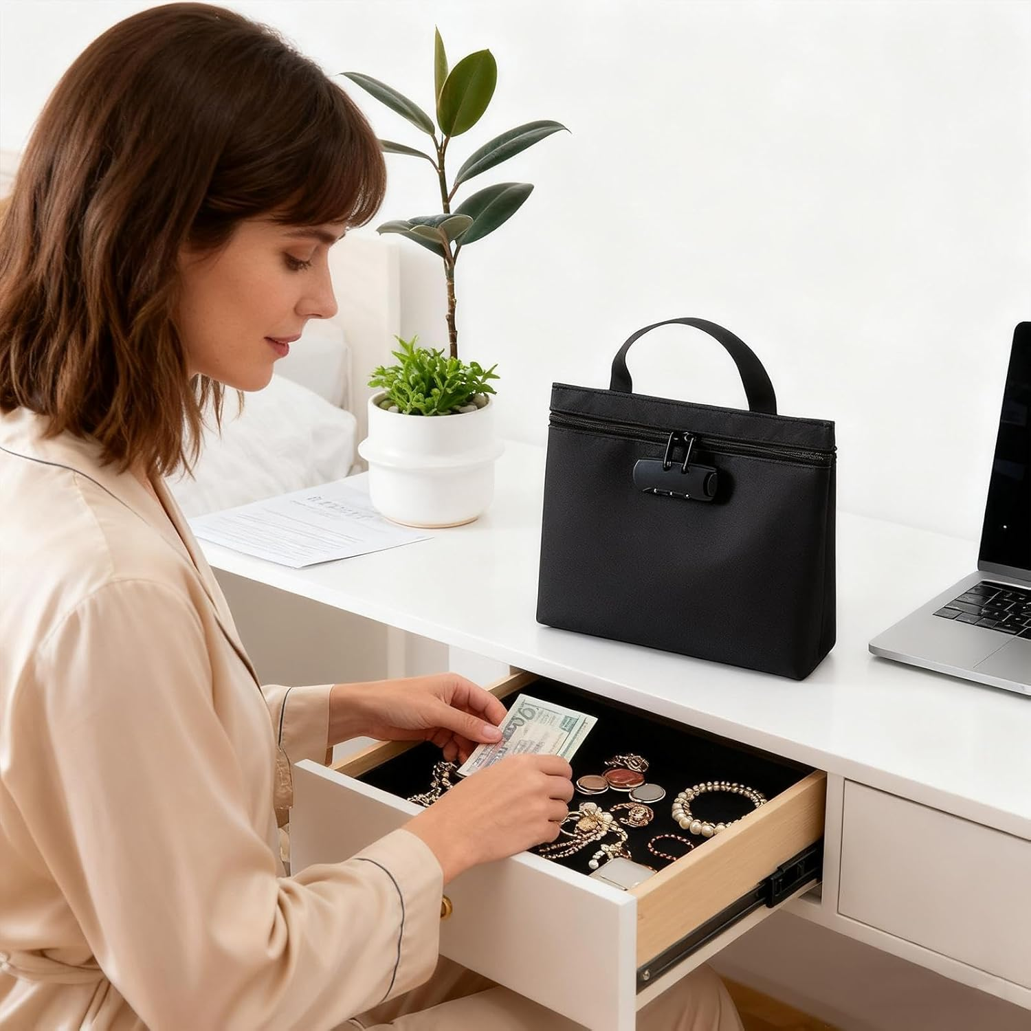 Locking Money Bag, Waterproof Zipper Organizer Pouch with Three Digit Lock, Travel Storage Case with Secure Closure, Keys Jewelry Passport Valuables, Documents Tickets 12.6X9.45X3.15 Inches - Blue image number 3