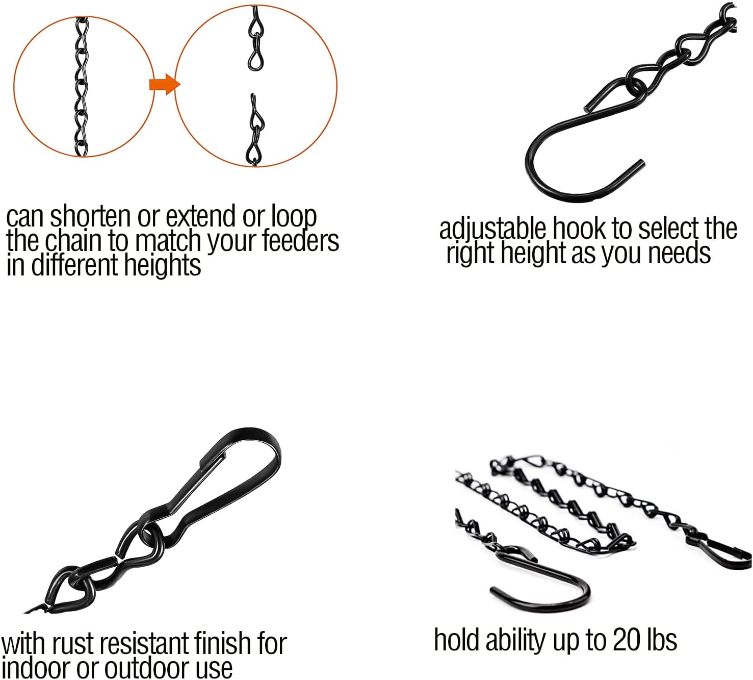 3 Pack 9.5Inch Hanging Chain.3 Point Stainless Steel Hanging Basket Chains for Hanging Bird Feeders, Birdbaths, Planters,Wind Chimes, Lanterns and Ornaments,With 3 Pcs Accessories (Black) image number 1