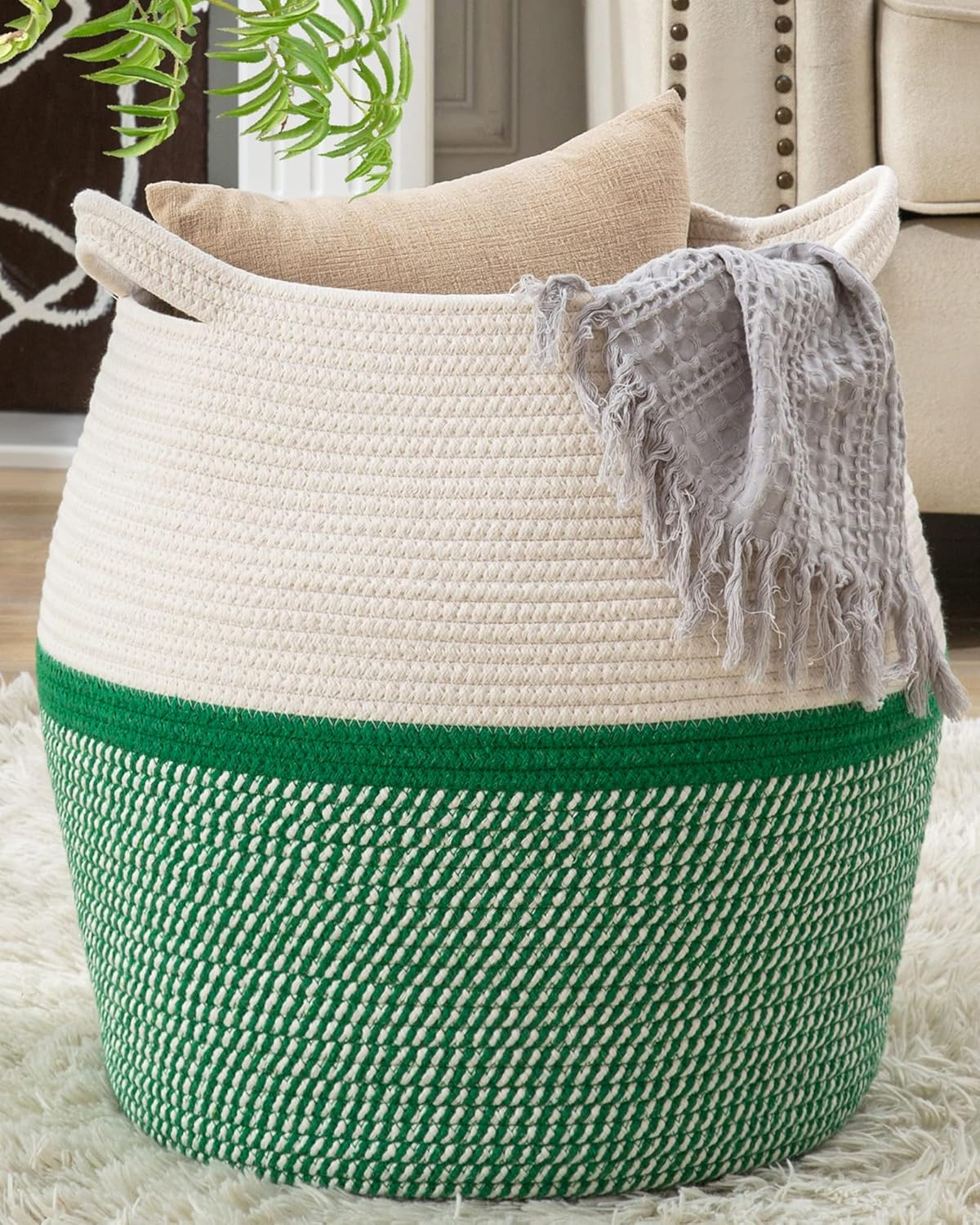 KAKAMAY Woven Baskets for Storage(17"X17"),Large Cotton Rope Basket Baby Laundry Hamper,Collapsible Basket, Blanket Organizing Living Room,Nursery,Clothes,Toy Chest (Black)
