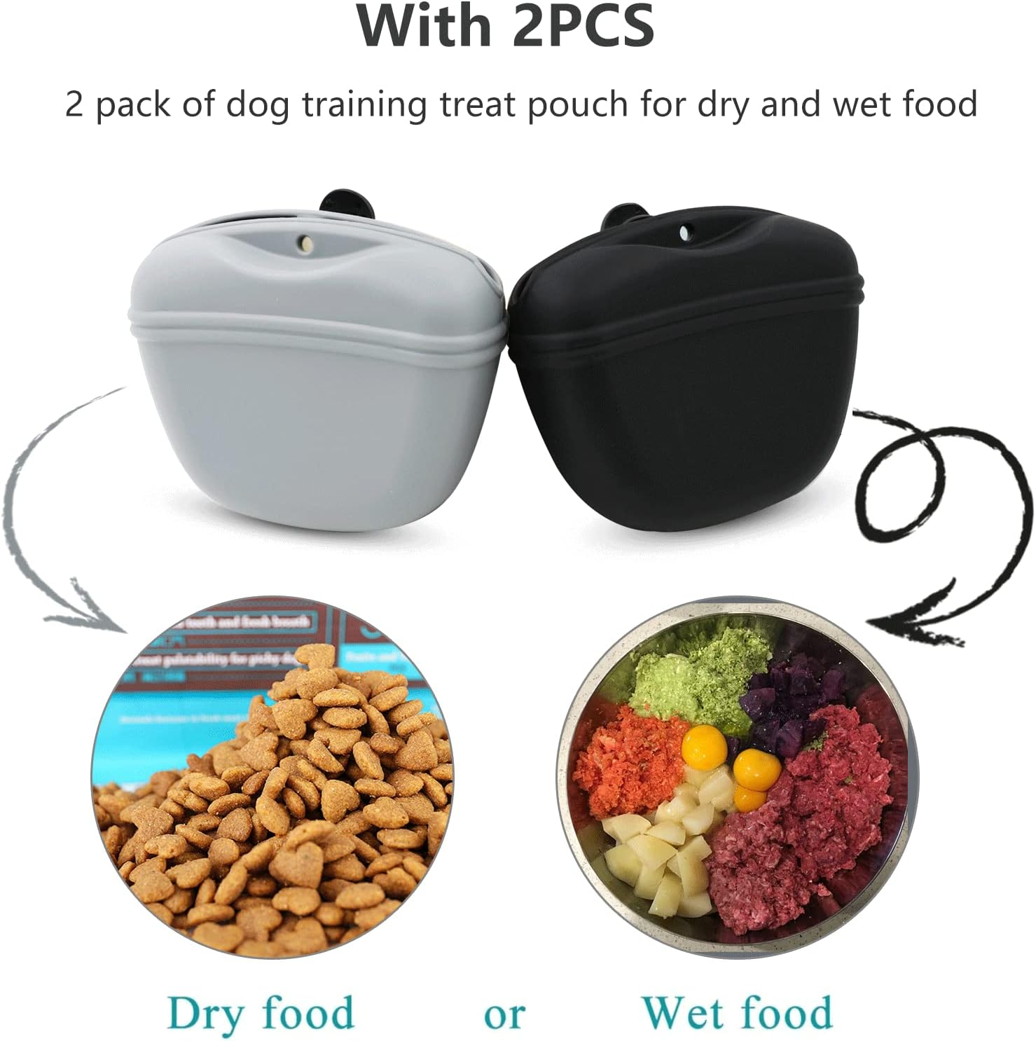 Dog Treat Pouch 2 Pack, Dog Treat Training Pouch, Silicone Pet Treat Bag BPA Free/Clip/Magnetic Dog Walk (Grey & Black) - Yellow  Blue image number 7