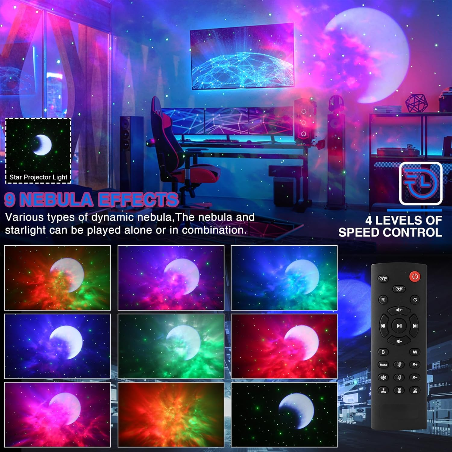 Star Projector Galaxy Light with Bluetooth Speaker,9 Nebula Effects & 8 Natural Sounds,360&deg; Rotation Astronaut Space Night Light with Remote and Timer for Kids Adults Bedroom Decor image number 1
