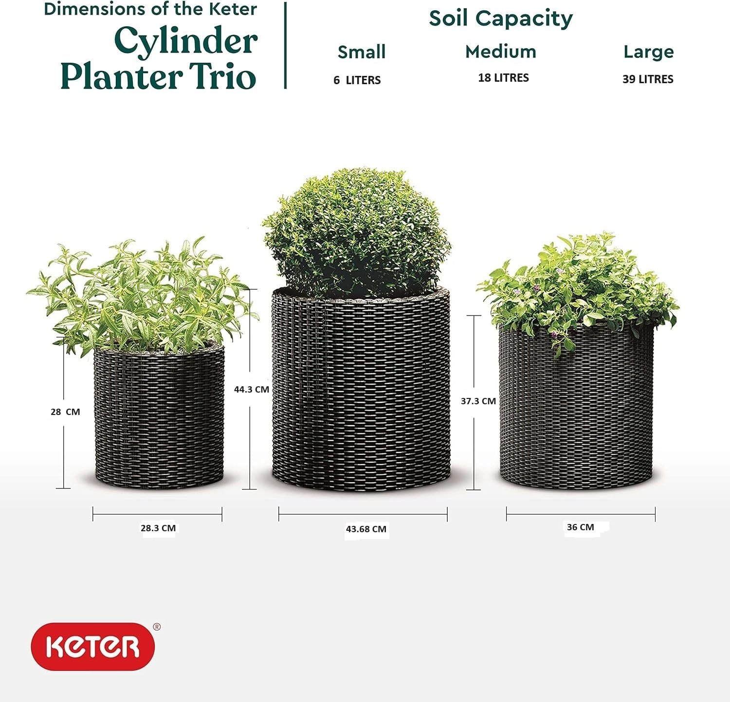 Keter Cylinder Planter, Brown, Small/Medium/Large (Pack of 3) image number 6