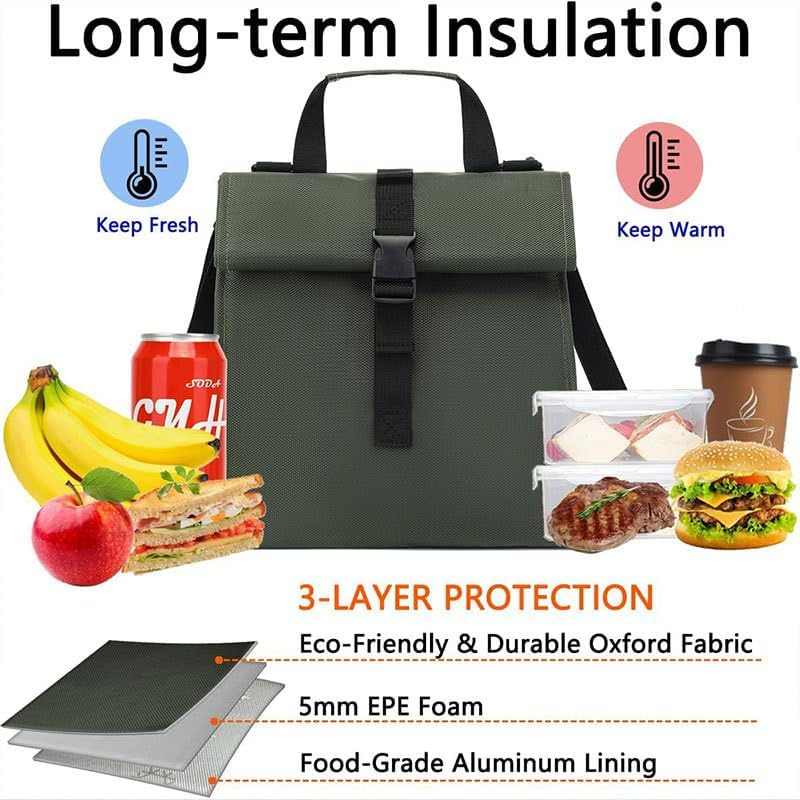 Insulated Lunch Bag Rolltop,Insulated Foldable Lunch Bag,Foldable Lunchbox Leakproof Cooler Bag, Insulated Lunch Bag,Adjustable Shoulder Strap Lunch Box Bag for School Office (Black) image number 5