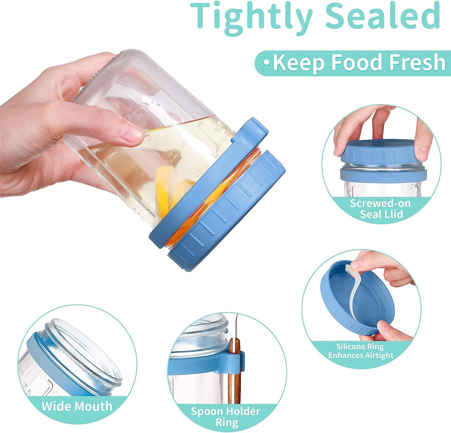 ALINK 4 Pack Overnight Oats Containers with Lids and Spoons, 16 Oz Large Capacity Glass Mason Jars with Airtight Lid for Overnight Oats Meal Yogurt Chia Pudding Fruit Cereal Oatmeal Reusable Jars image number 2