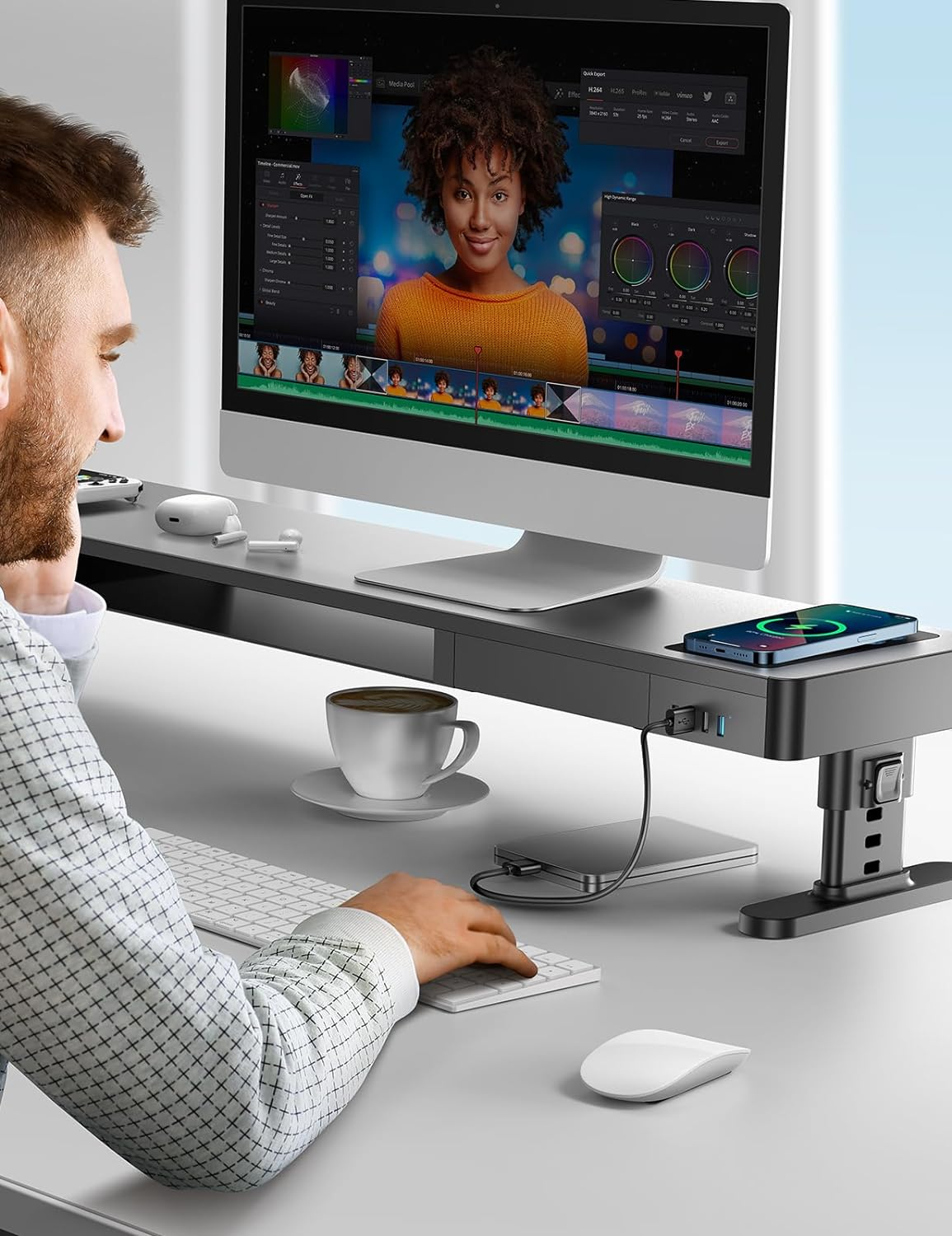 Meatanty Dual Monitor Stand with 4 Adjustable Heights, Auto Phone Charging Pad, 4 USB Ports, Computer Riser with Drawers Storage, Metal Double Desk Organizer Lifter Raiser for 2 Monitors Screen Gift image number 4