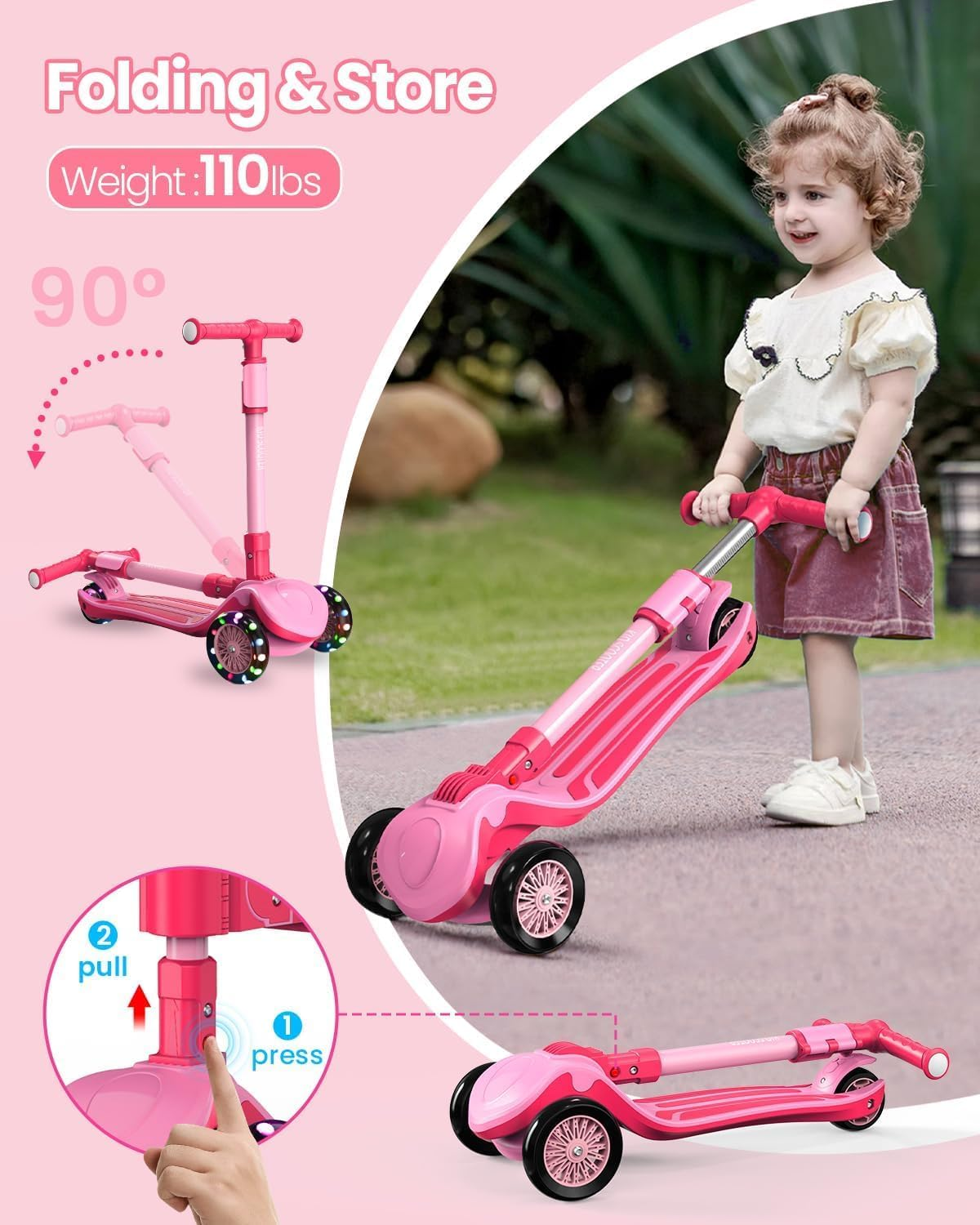 2-In-1 Adjustable Kick Scooter for Kids 3-12 Years,5-Level Handlebar & Removable Seat,Led Light-Up Wheels,Steering Control & Wide Deck,Foldable Design for Indoor/Outdoor Use, (Girls & Boys) image number 2