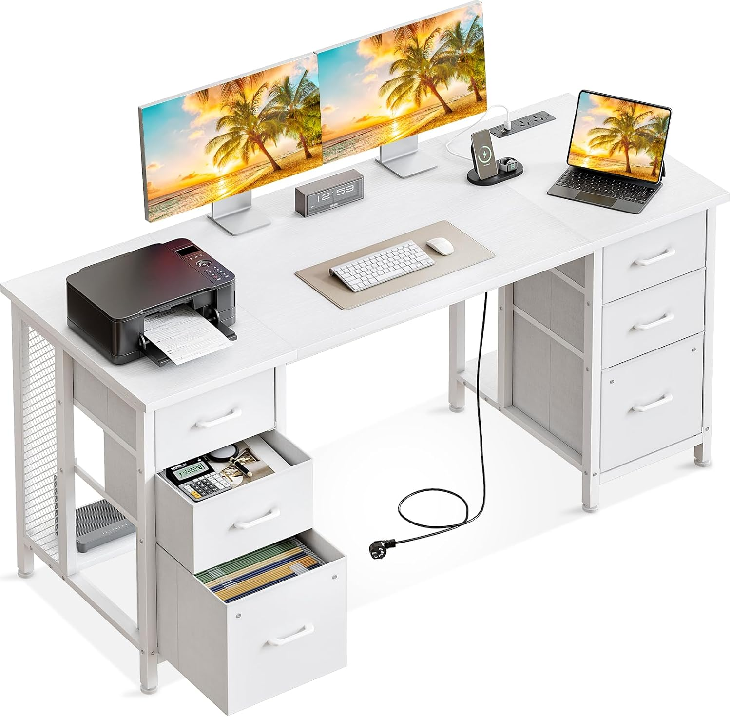 ODK 160Cm Computer Desk with 2 File Cabinets and 4 Fabric Drawers, Home Office Desk with Power Outlets, PC Table with Storage,Study Table for Bedroom Office Gaming,160 * 53 * 76Cm,Black