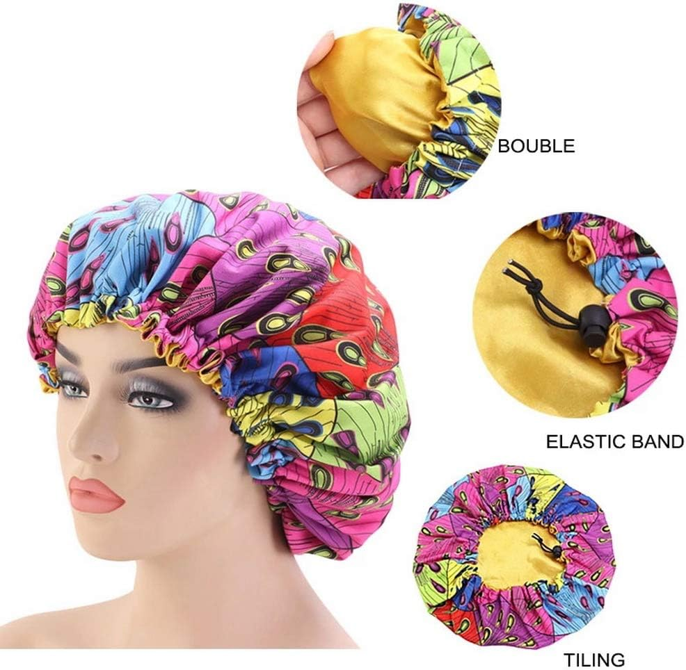 COMVIP 1Pc Adult Satin Bonnet Elastic Band Night Head Cover Sleep Cap B: Peacock image number 4