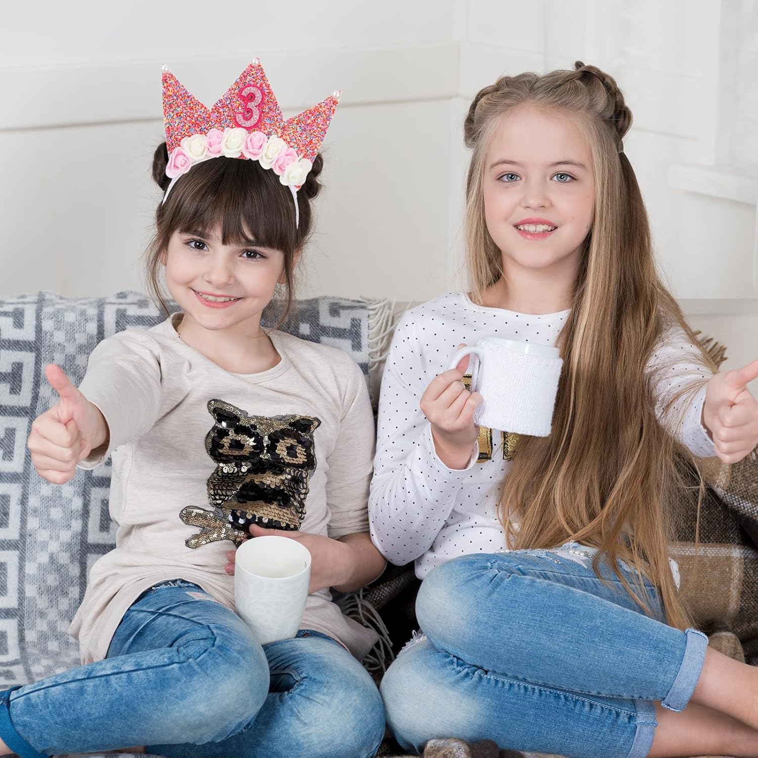 3Rd Birthday Crown Headband Glitter Flower Birthday Decoration Princess Birthday Girl Tiara Elastic Bling Party Accessories 3 Year Old Hair Band Photo Prop image number 2