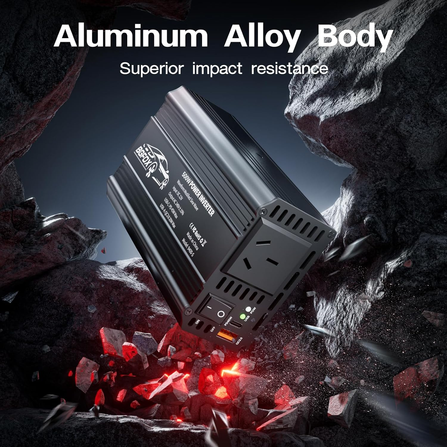 BGFOX 500W Car Power Inverter DC 12V to 240V AC Converter with 1 USB Ports and 1 PD Outlet, Car Charger Adpater for Road Trip and Camping-Black image number 6