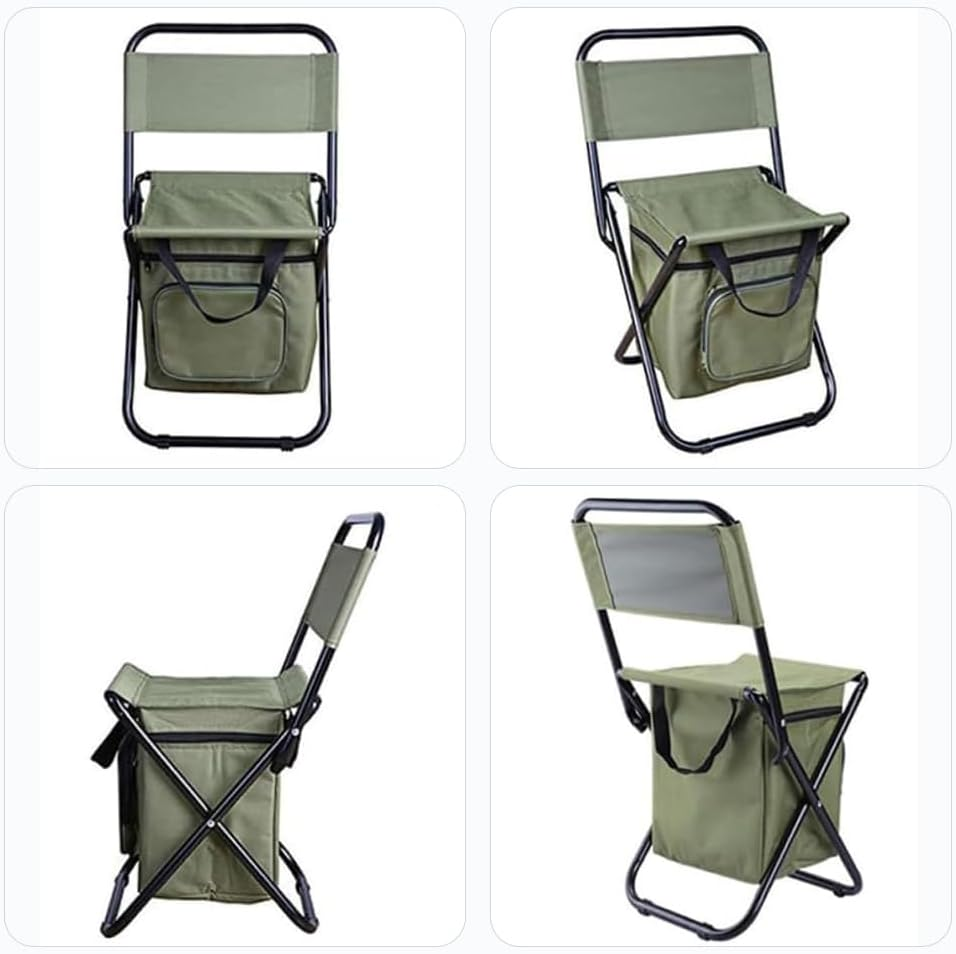 Camping Fishing Stool, Outdoor Folding Chair, Hiking Portable Seat, Chair with Cooler Insulated Picnic Bag, Stool for Camping Hunting Fishing (Green, 32 * 31 * 58CM) image number 2