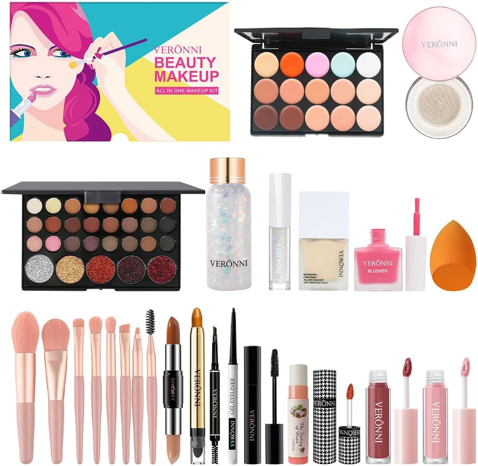 All in One Makeup Kits Women Full Multi-Purpose Beauty Kit, Eyeshadow Palette Lip Gloss Eyebrow Pencil Foundation Concealer Blusher Eyeliner Mascara with Gift Bag for Beginners or Pros