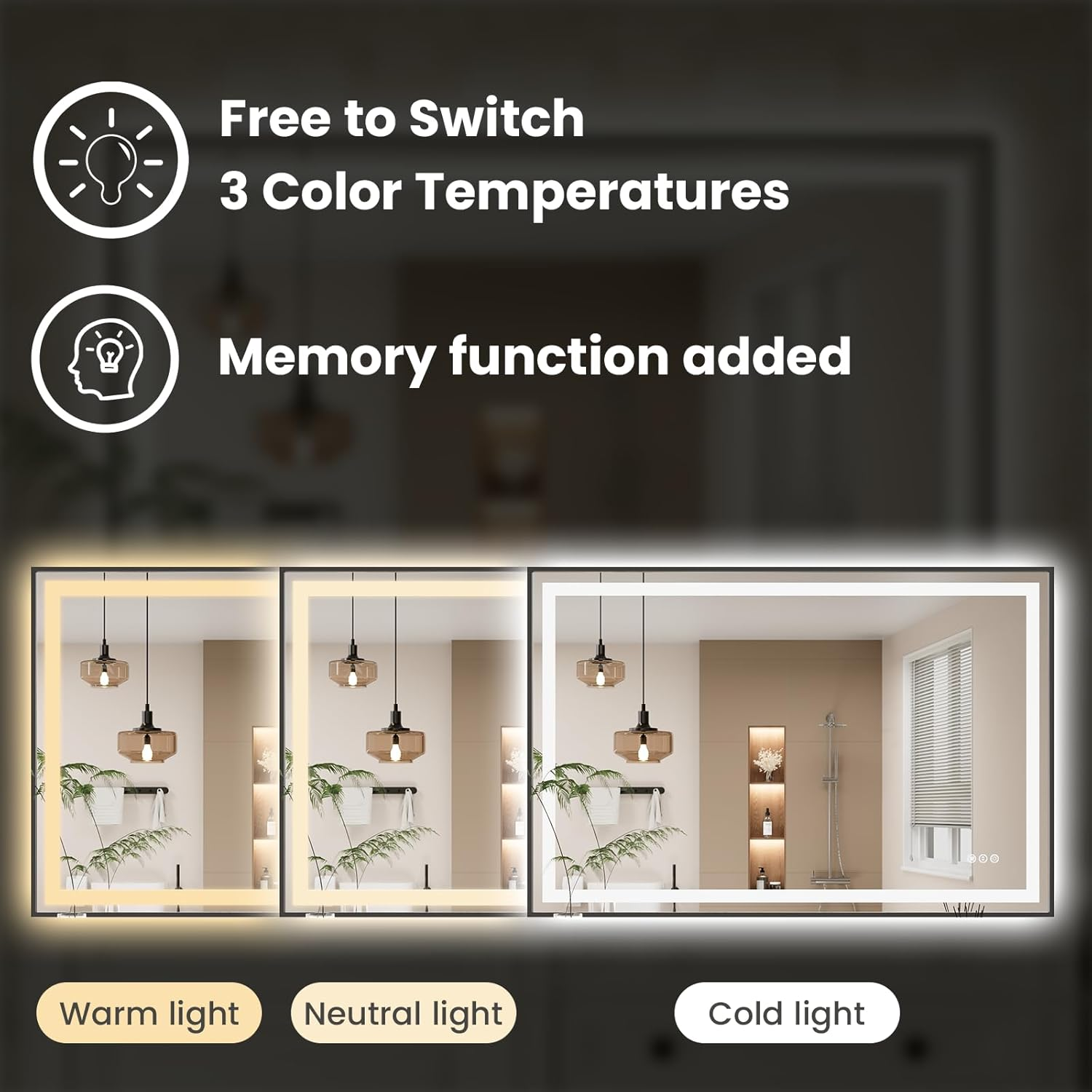 Amorho LED Bathroom Mirror 139X90 CM with Black Frame, Front Light and Backlit, Stepless Dimmable, Anti-Fog, Shatter-Proof, Memory, 3 Color Lighting, LED Wall-Mounted Mirror(Horizontal/Vertical) image number 5