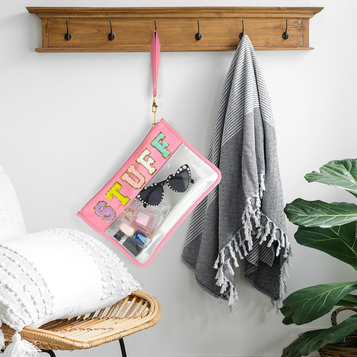 Morcheiong Chenille Letter Bag Clear Zipper Stuff Pouch PVC and Nylon Makeup Bag with Handle for Travel School Gym Beach