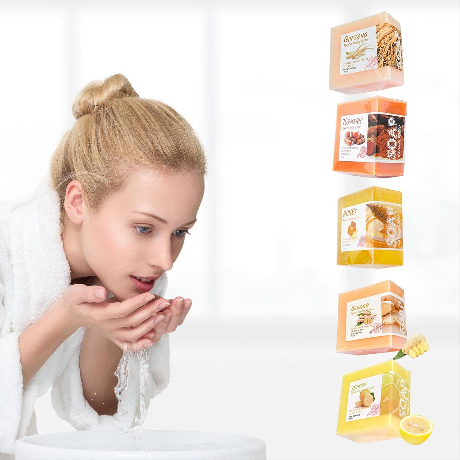 Handmade Cleansing Bar Soaps - Lemon, Ginger, Honey, Ginseng Soap Bars for Smoother, Brighter Skin | for Cleansing, Purifying, Protection, Revitalization, Moisturizing, Anti-Aging