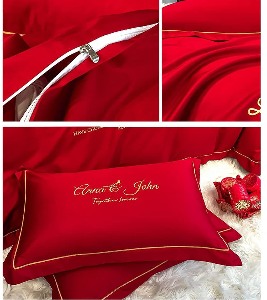 Red Duvet Cover Full/Queen King Satin Bedding Set Adult Wedding Celebration Quilt Comforter Cover Honeymoon Sexy Luxury Soft 300TC Long-Staple Cotton Bedspreads (Color : C, Size : 200X230-150X200Cm image number 1