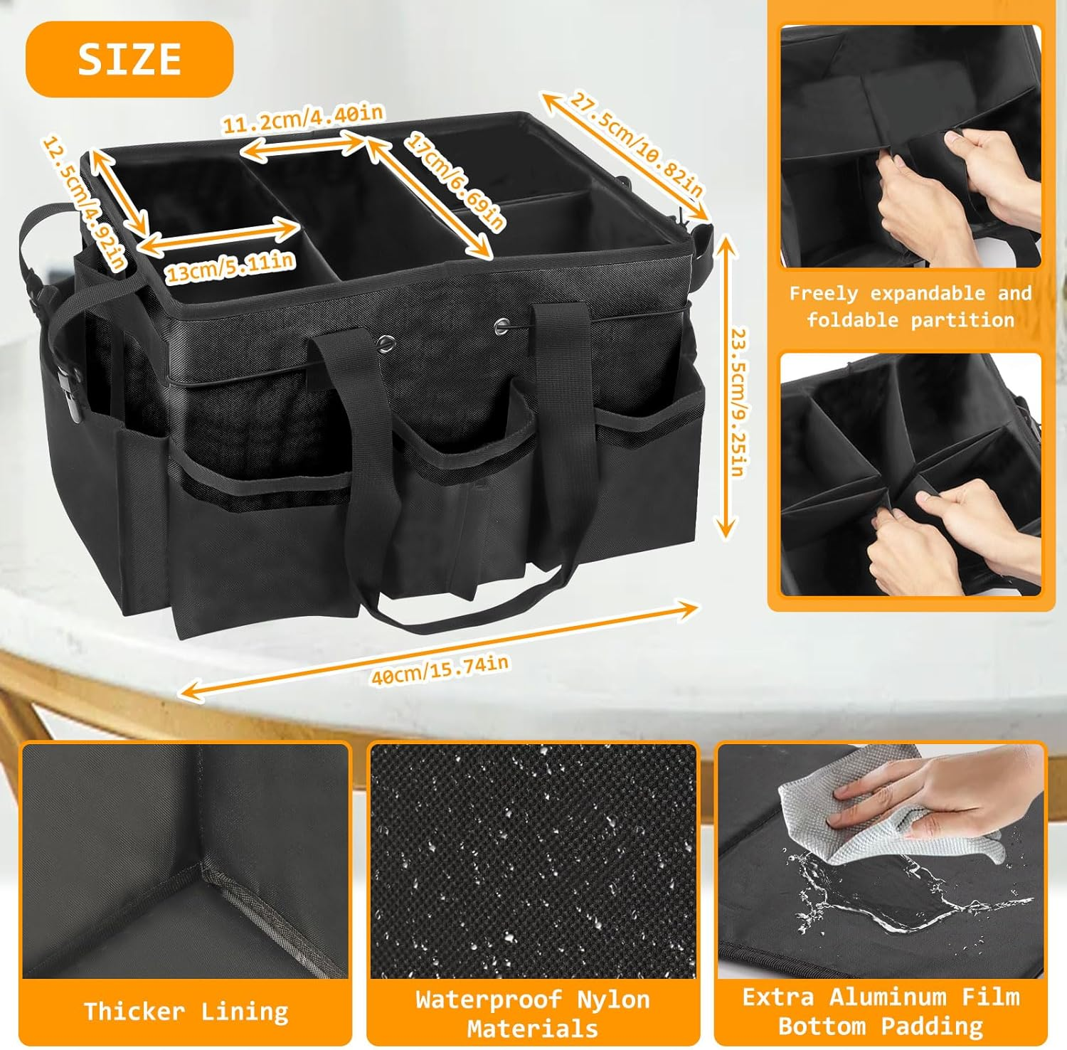 Universal Cleaning Caddy, 40 X 23.5 X 27.5 Cm Cleaning Caddy Organiser with Handle, Large Cleaning Agent Organiser Bag for Cleaning Agents Storage, for Home, Car, Bathroom (Black) image number 2