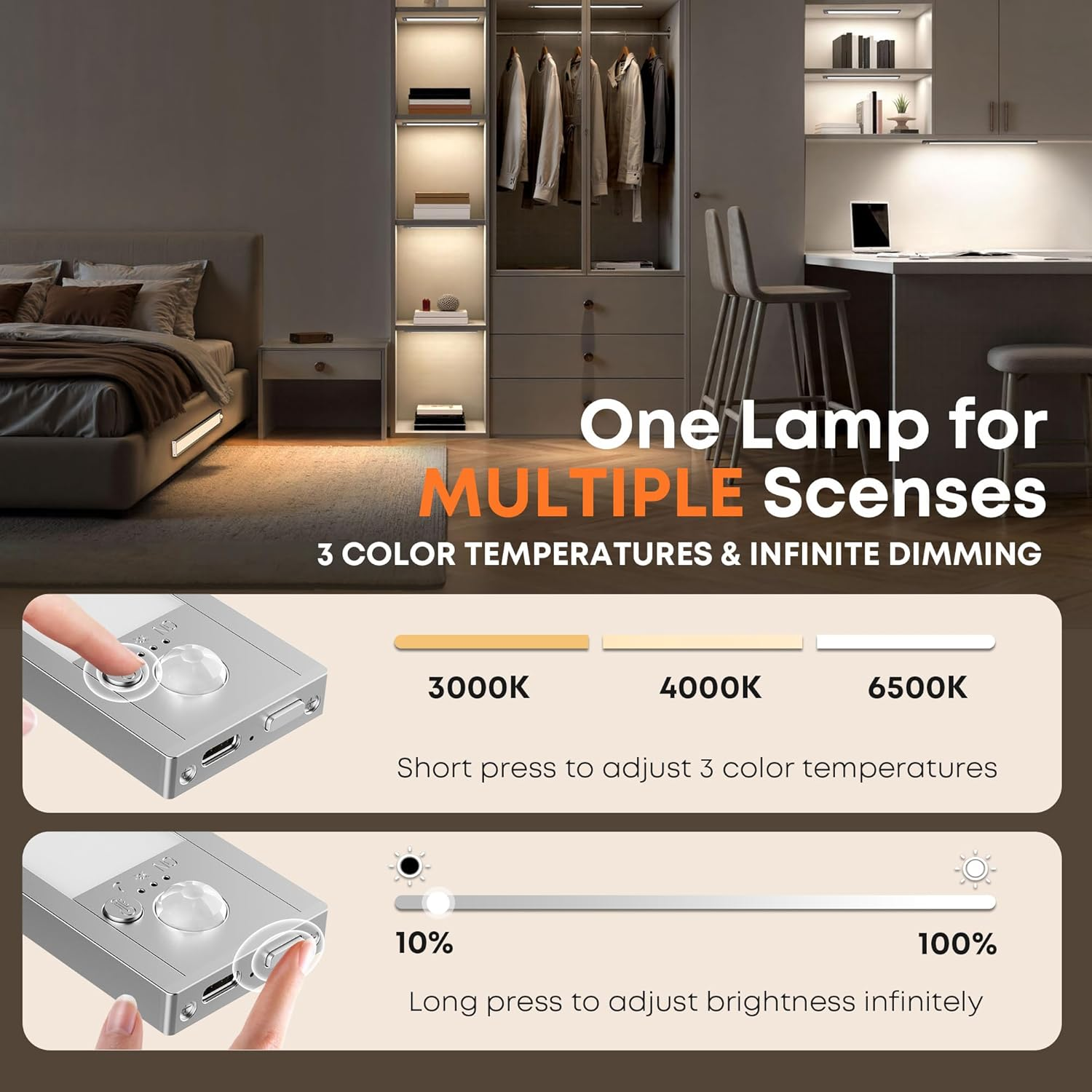 LROLTEF Cabinet Lighting LED Lamp with Motion Sensor - 21 Cm 1500 Mah 6500 K 4000 K 3000 K 3 Colour Temperatures Dimmable Under-Unit Light Kitchen Light Stair Light Rechargeable Magnetic with Sensor image number 5