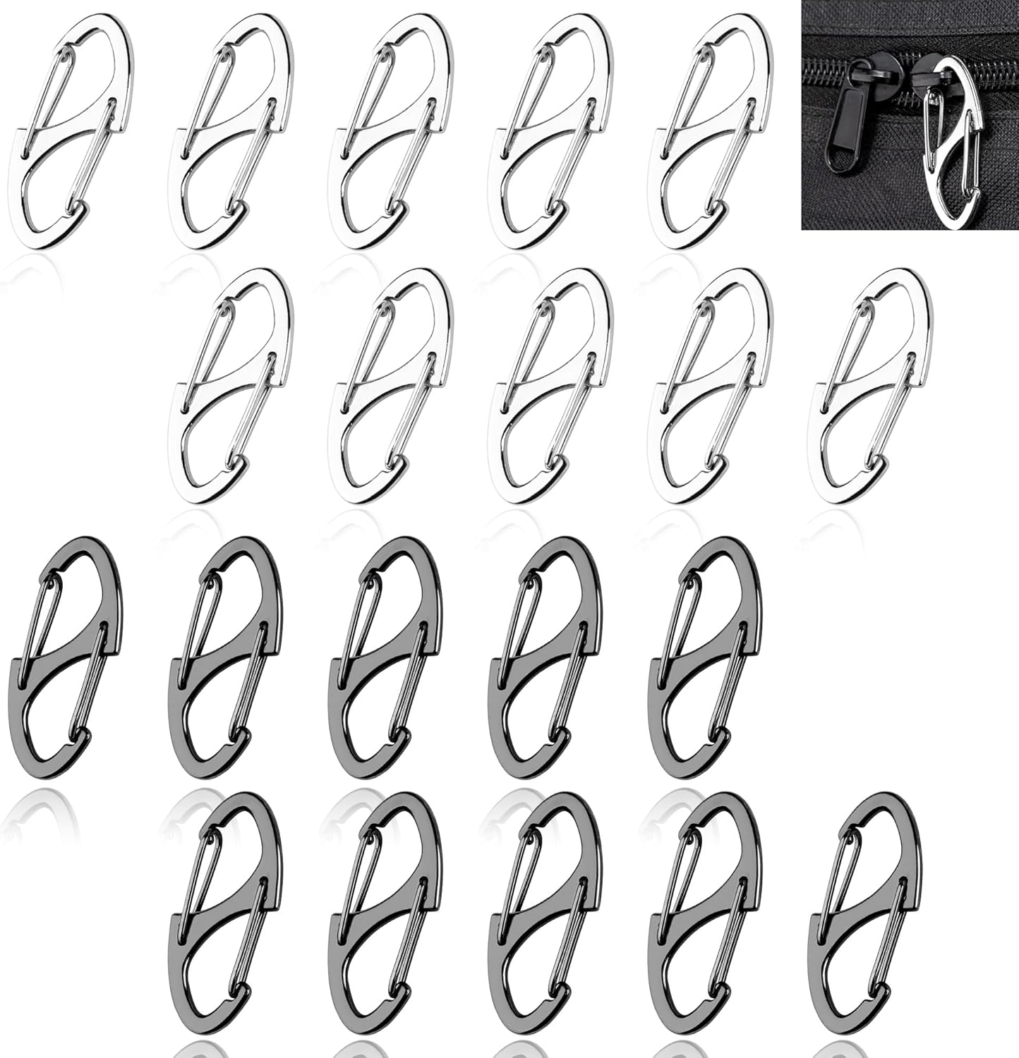 20Pcs Zipper Clips anti Theft, Zipper Pull Replacement for Backpacks, Dual S Shaped Small Carabiner Clip Theft Deterrent for Suitcase, Keep Luggage Closed, Silver and Gunmetal Black