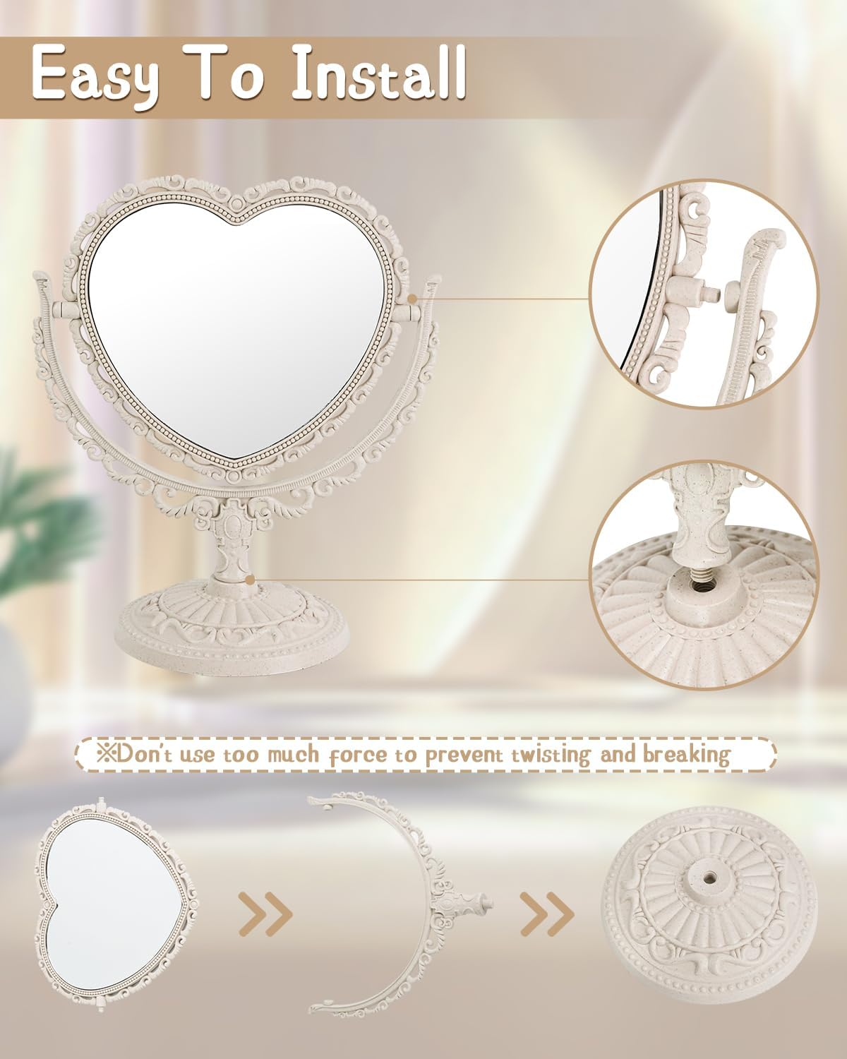 D&X 7-Inch Heart Mirror 360 Degree Rotation Double Sided Magnifying Makeup Mirror,One Side with 3X Magnification Bathroom Bedroom Vanity Mirror(Beige, Heart-Shaped)